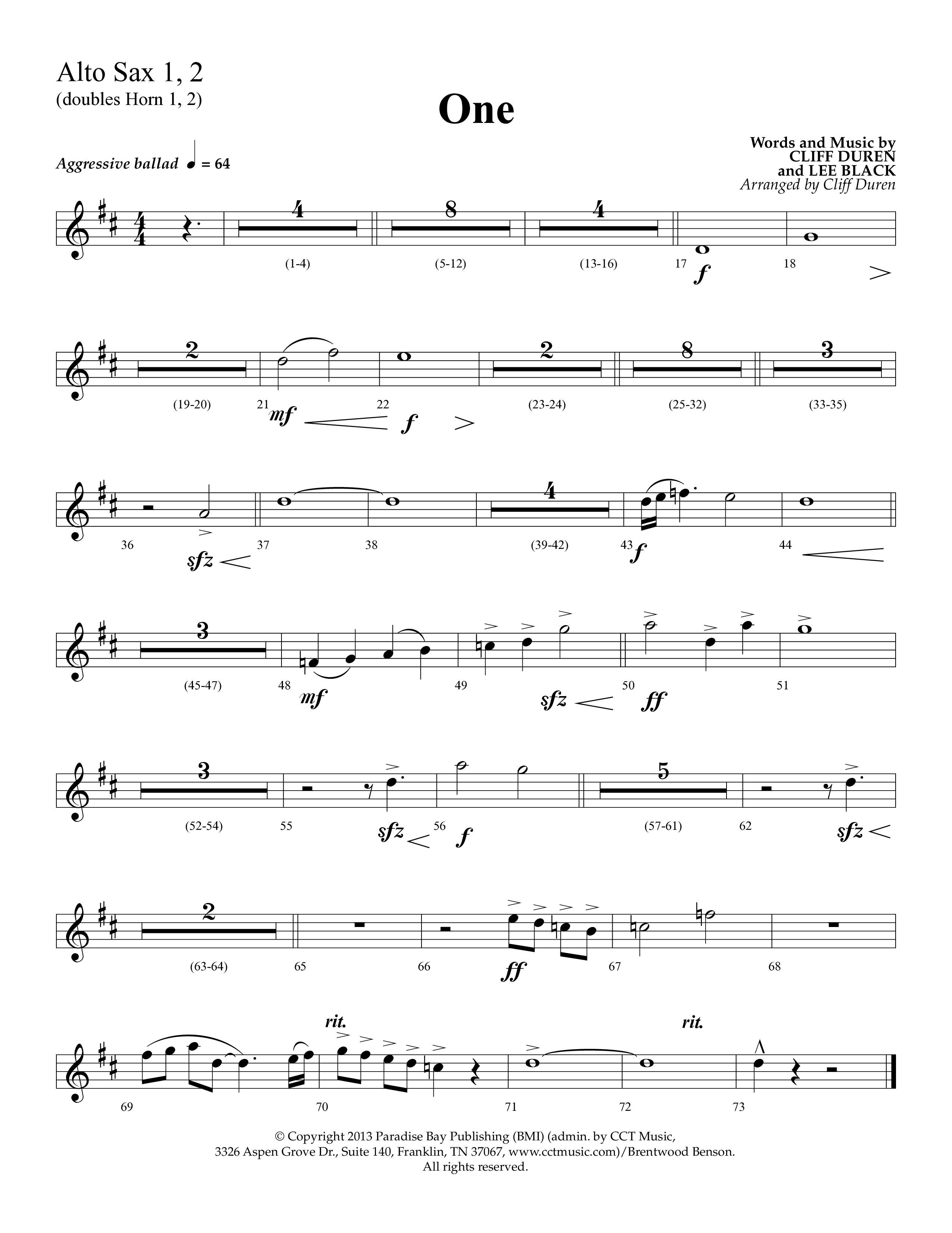 One (Choral Anthem SATB) Alto Sax 1/2 (Lifeway Choral)