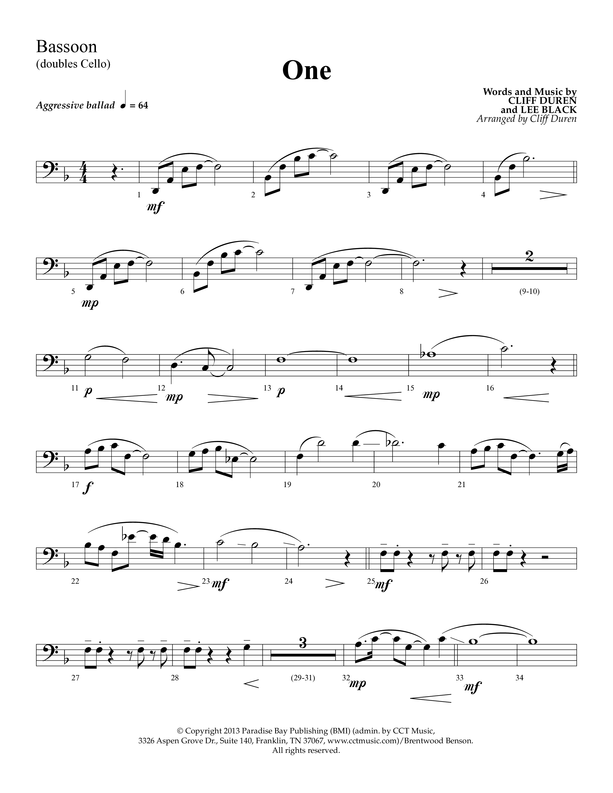 One (Choral Anthem SATB) Bassoon (Lifeway Choral)
