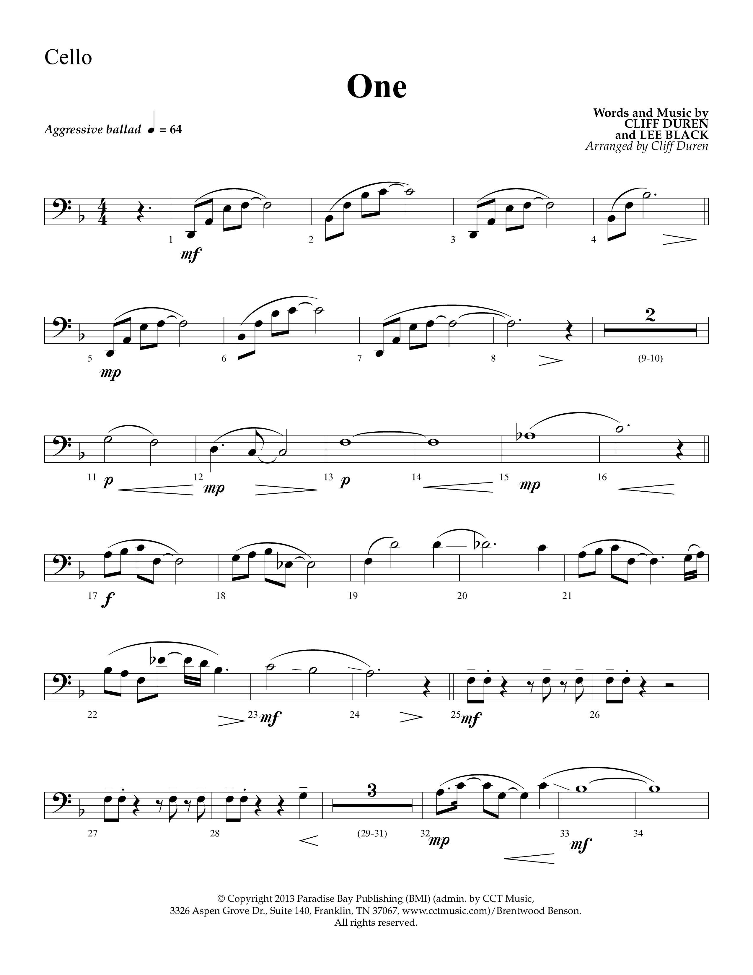 One (Choral Anthem SATB) Cello (Lifeway Choral)