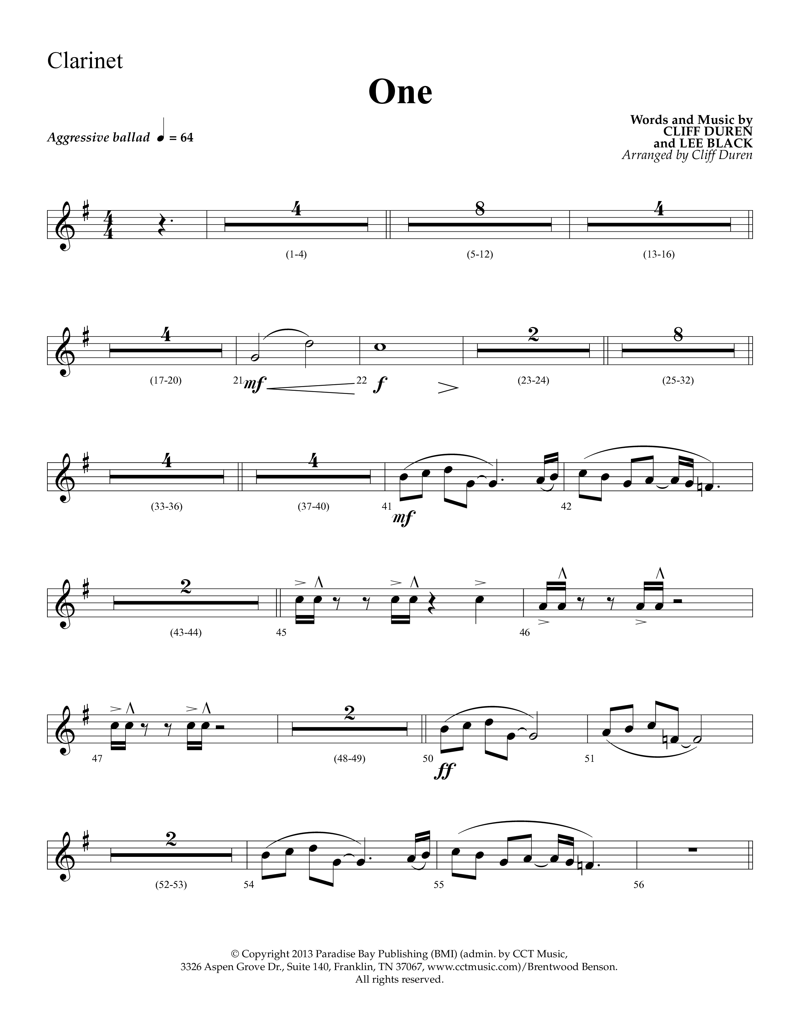 One (Choral Anthem SATB) Clarinet 1/2 (Lifeway Choral)