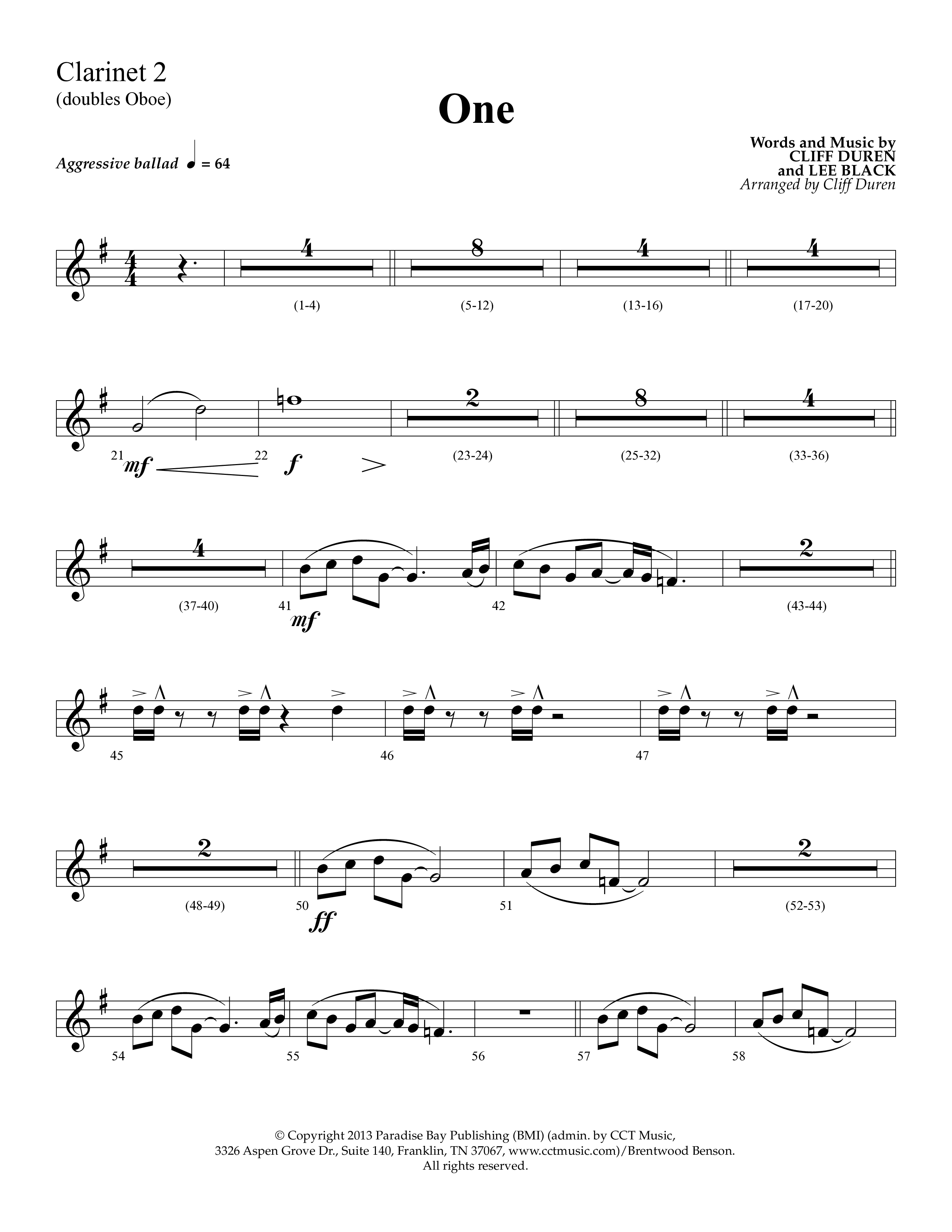 One (Choral Anthem SATB) Clarinet 1/2 (Lifeway Choral)