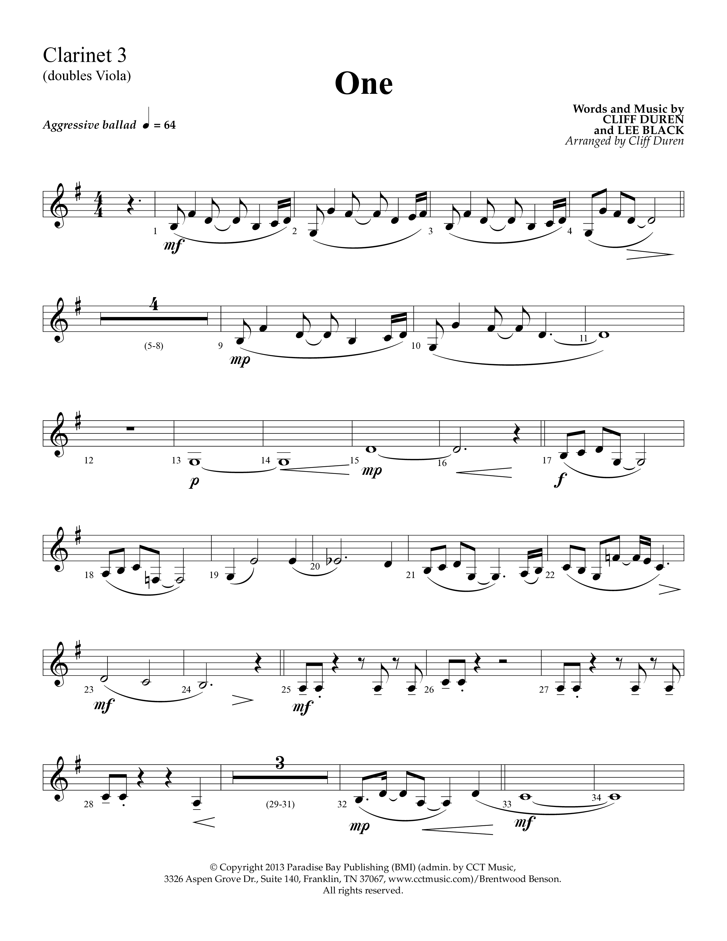 One (Choral Anthem SATB) Clarinet 3 (Lifeway Choral)