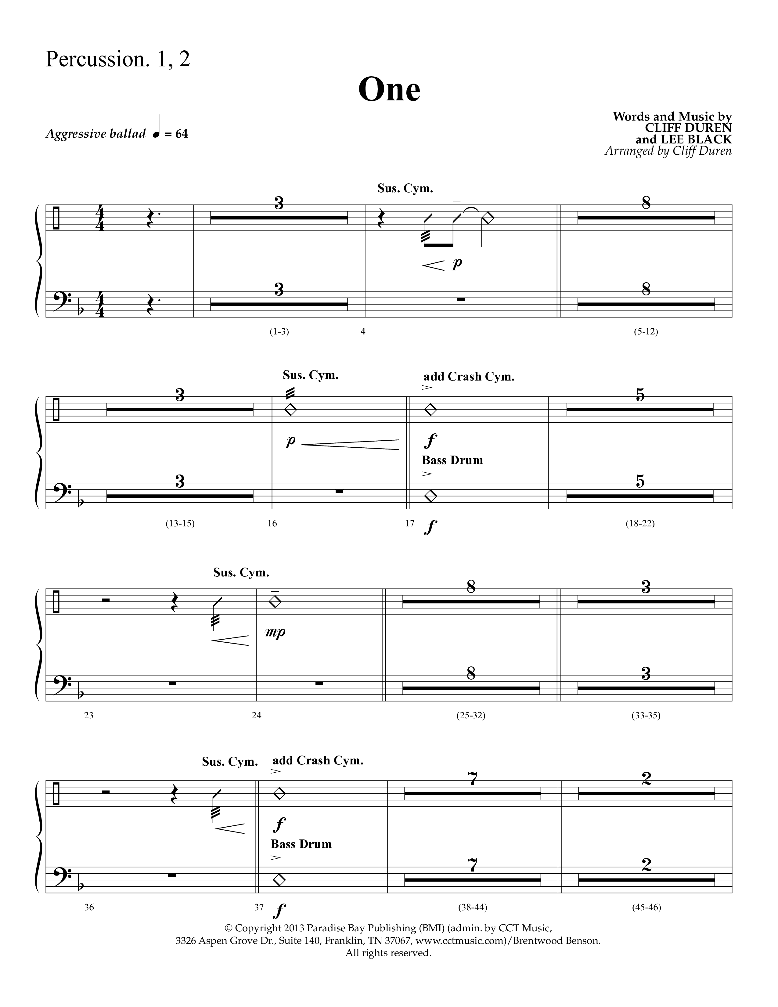 One (Choral Anthem SATB) Percussion 1/2 (Lifeway Choral)