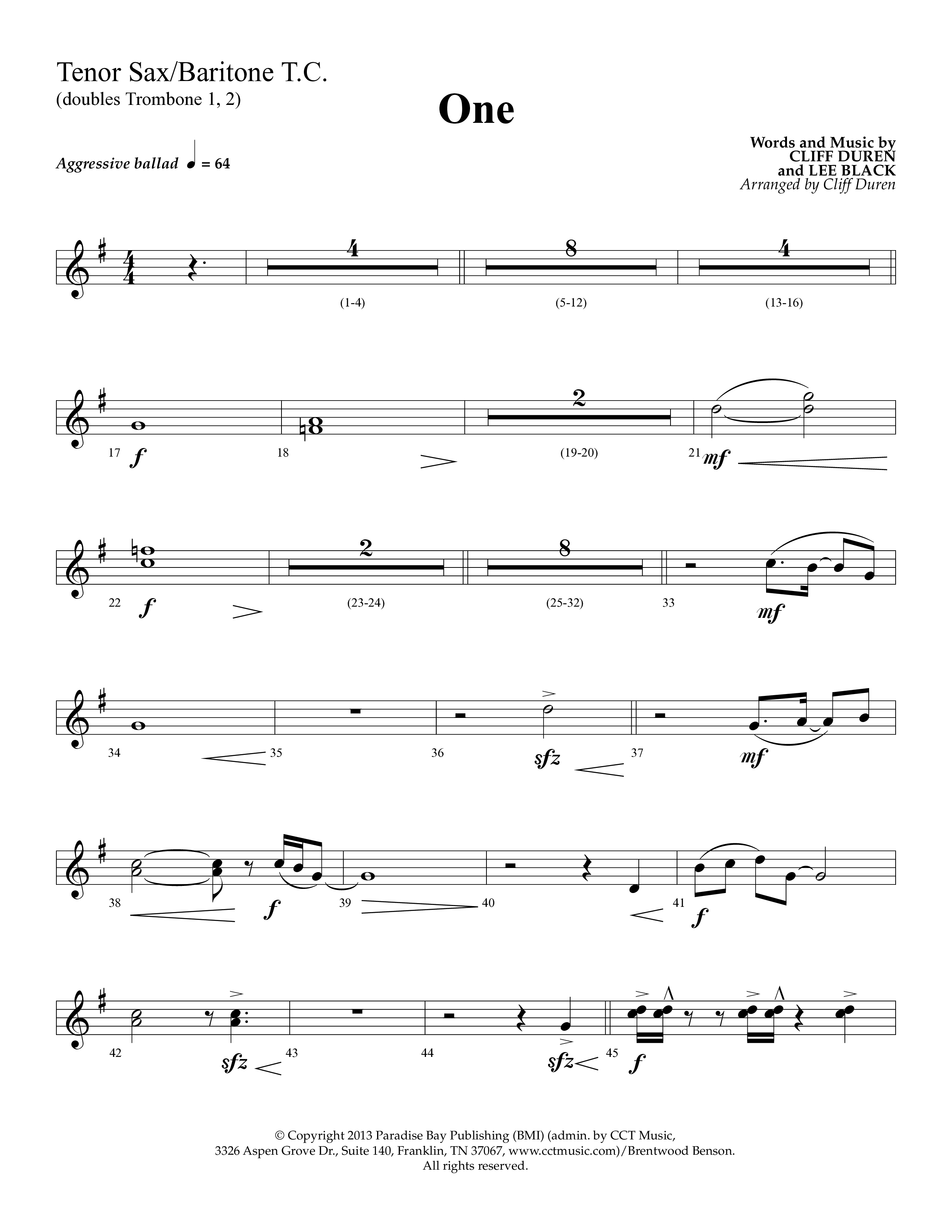 One (Choral Anthem SATB) Tenor Sax/Baritone T.C. (Lifeway Choral)