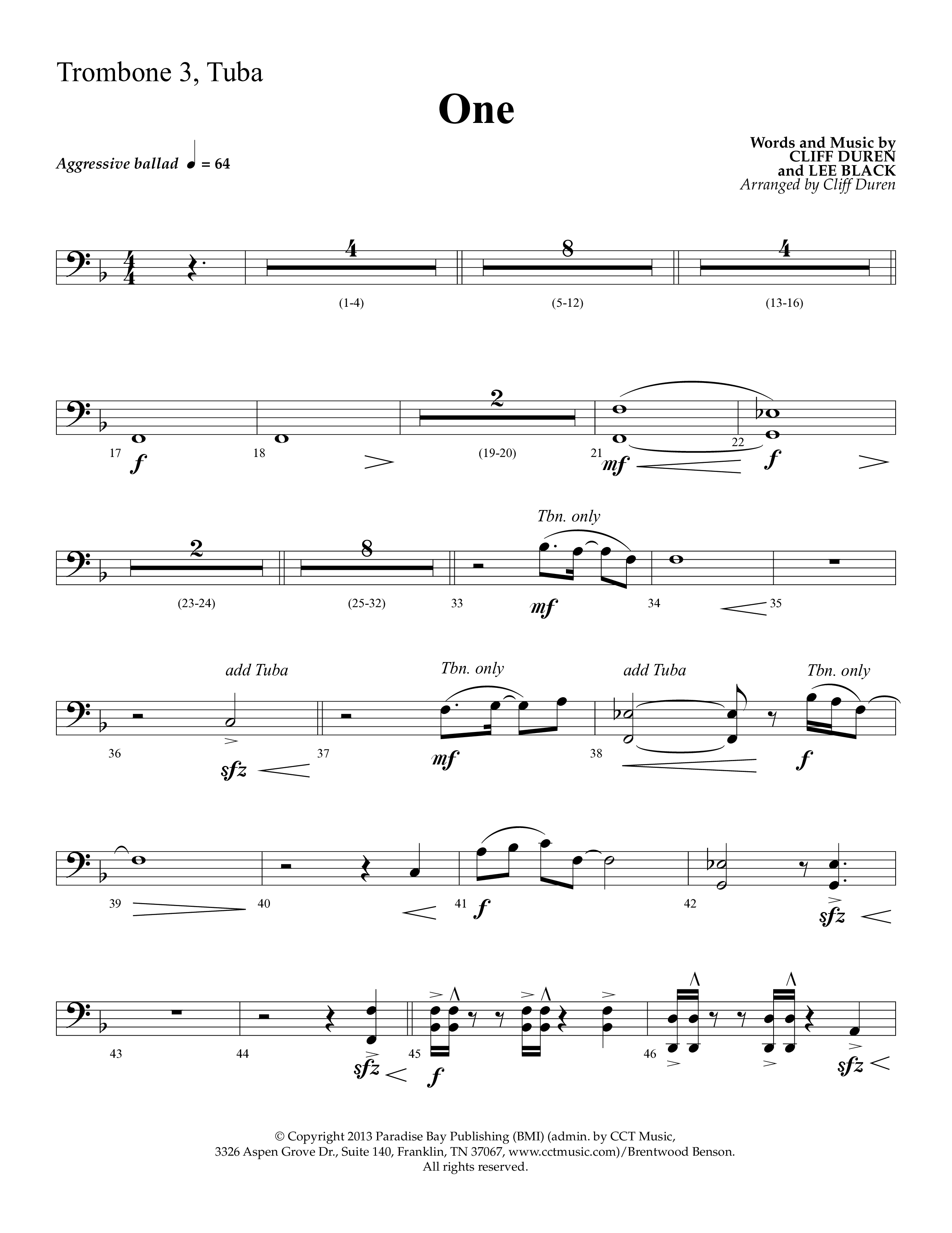 One (Choral Anthem SATB) Trombone 3/Tuba (Lifeway Choral)