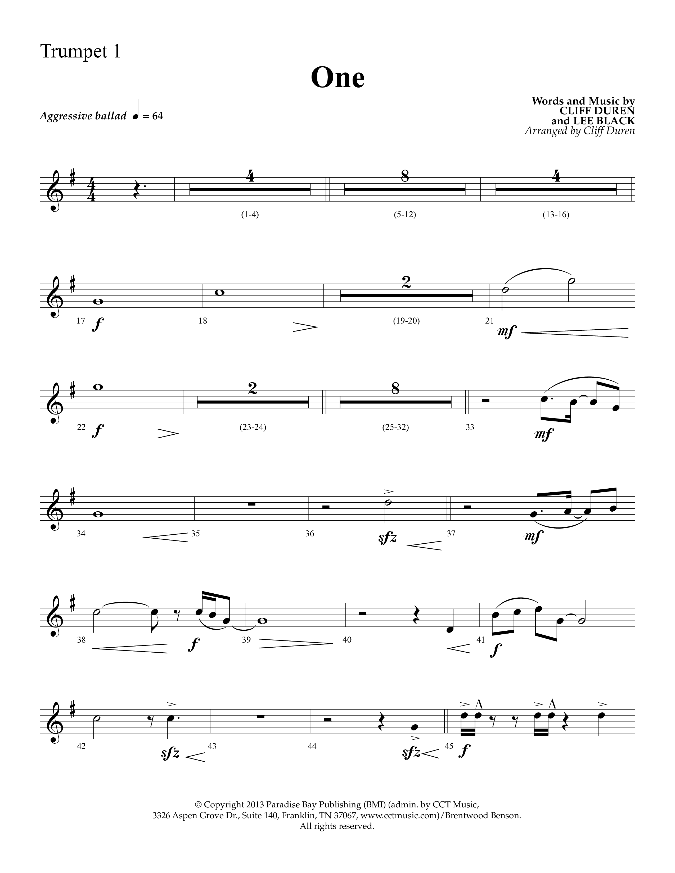 One (Choral Anthem SATB) Trumpet 1 (Lifeway Choral)