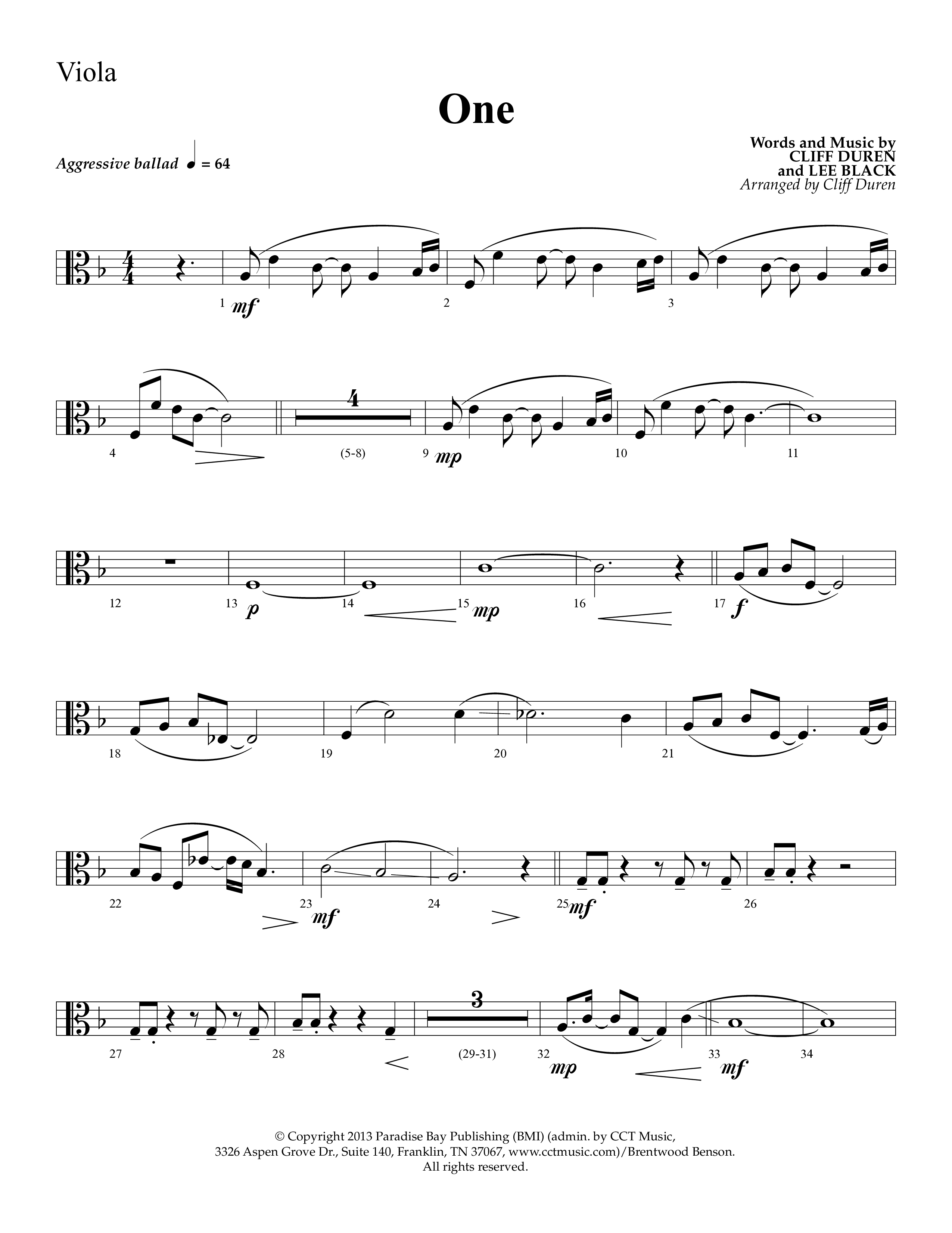 One (Choral Anthem SATB) Viola (Lifeway Choral)