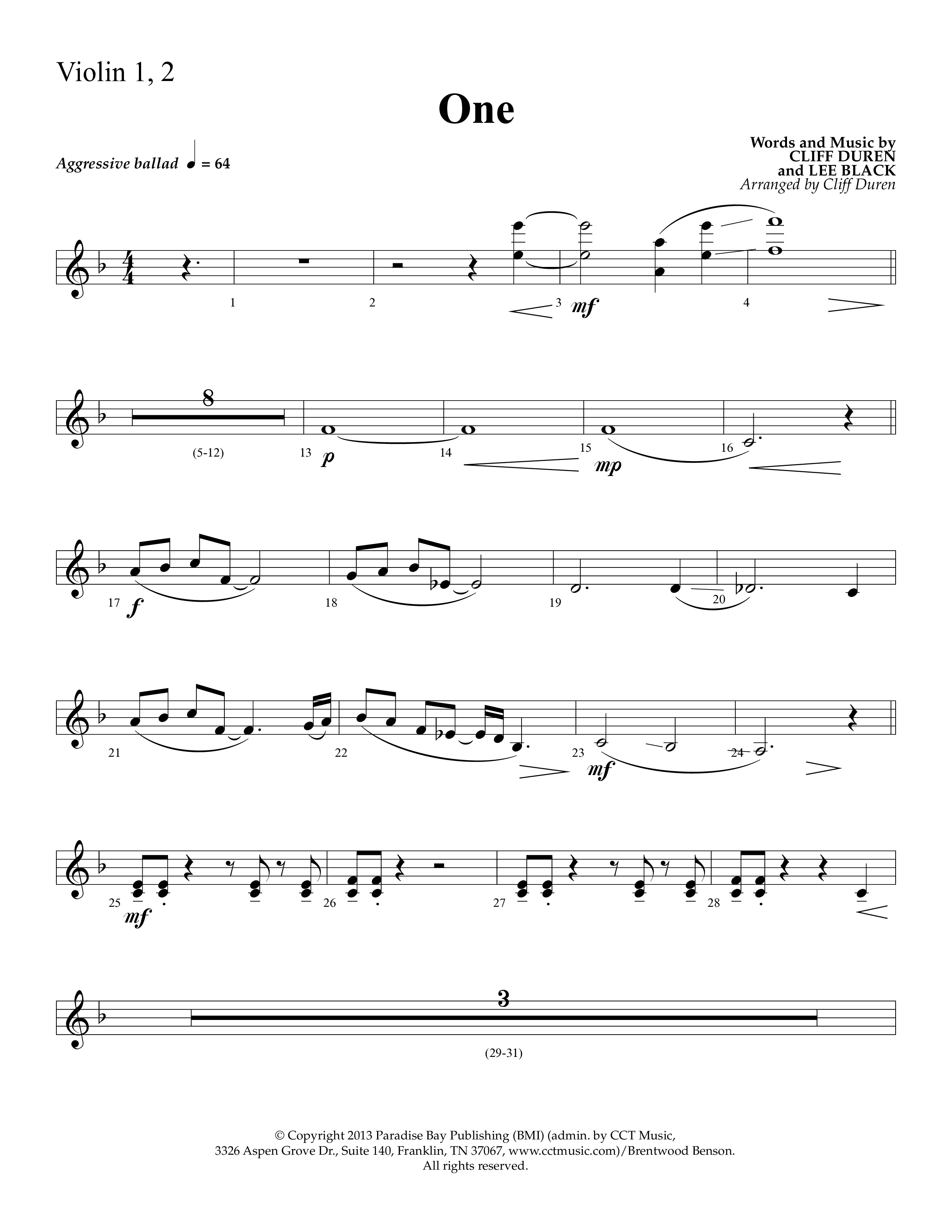 One (Choral Anthem SATB) Violin 1/2 (Lifeway Choral)