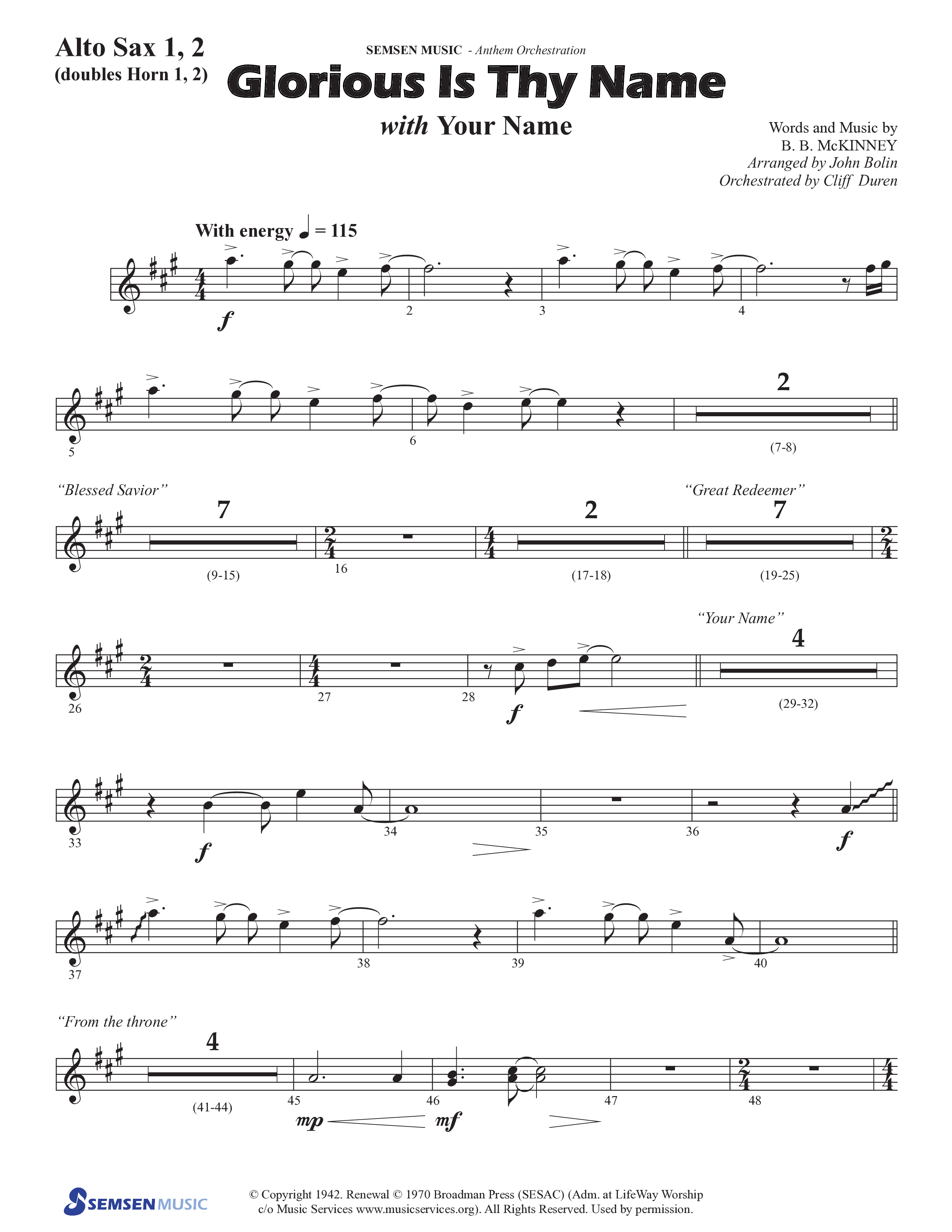 Glorious Is Thy Name (with Your Name) (Choral Anthem SATB) Alto Sax 1/2 (Semsen Music / Arr. John Bolin / Orch. Cliff Duren)
