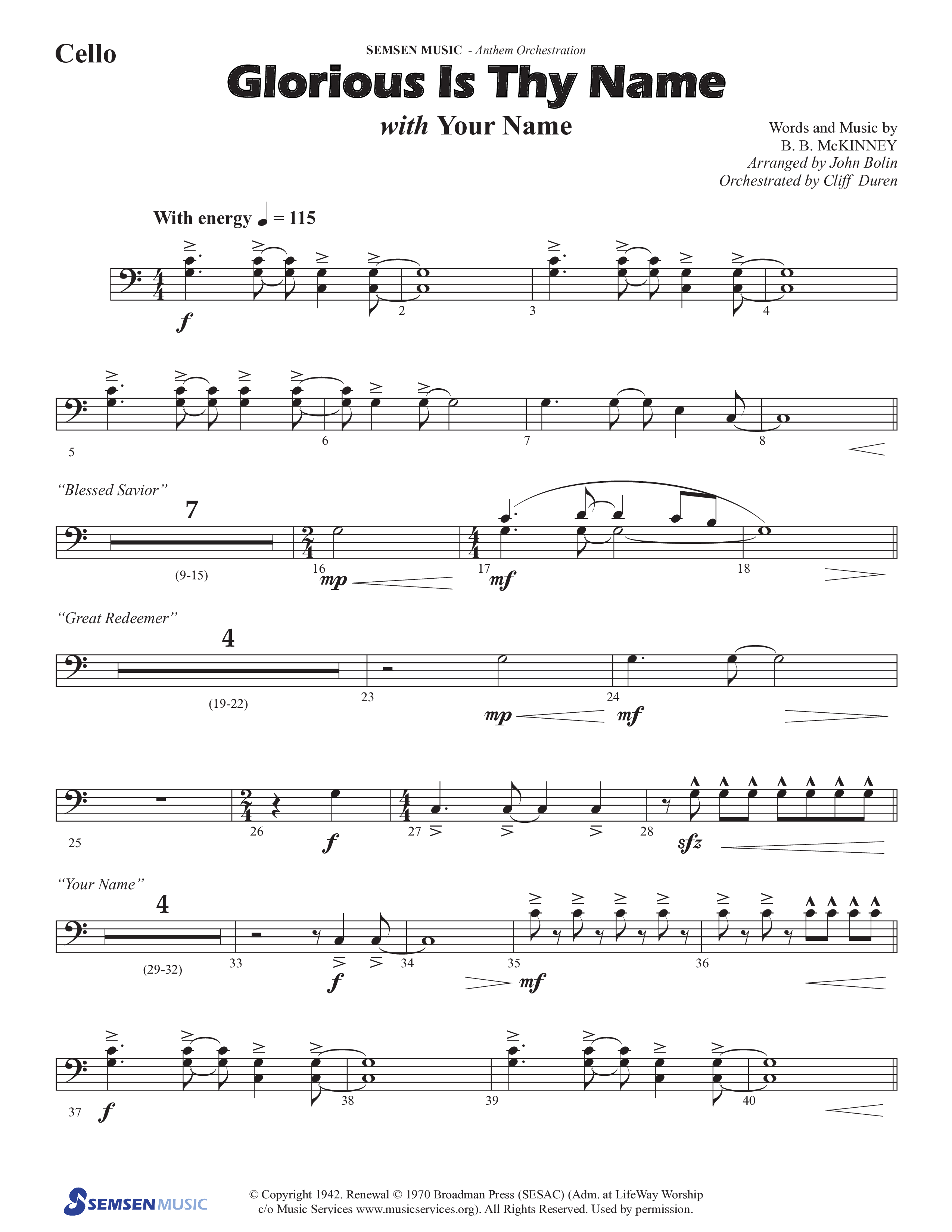 Glorious Is Thy Name (with Your Name) (Choral Anthem SATB) Cello (Semsen Music / Arr. John Bolin / Orch. Cliff Duren)