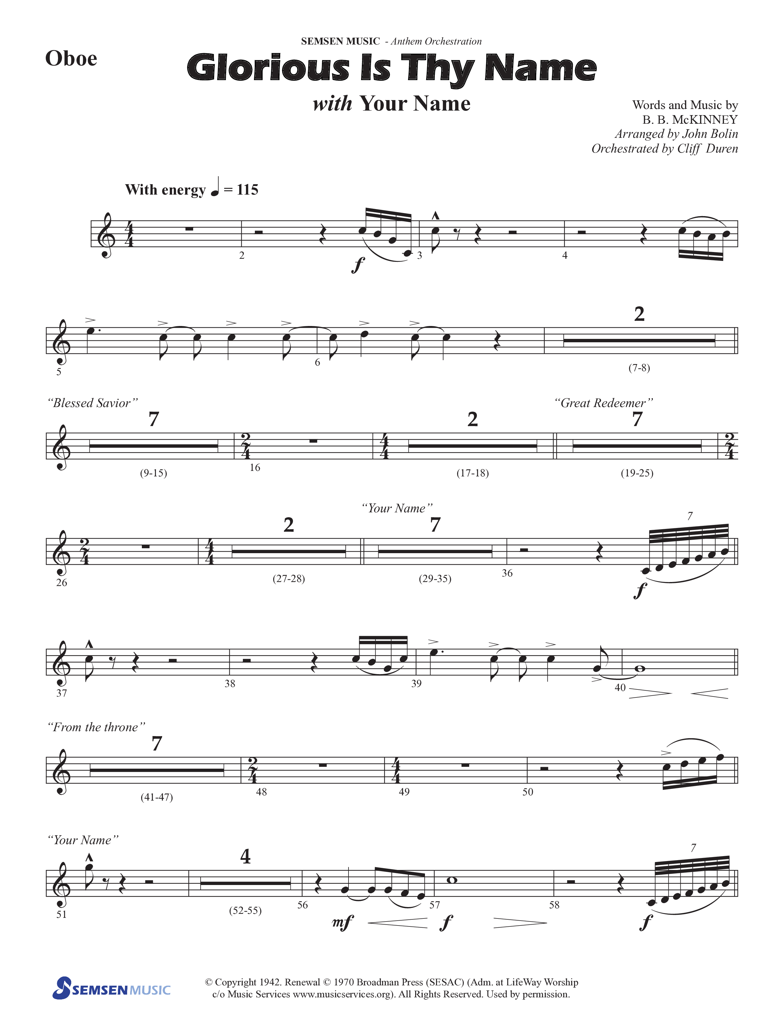 Glorious Is Thy Name (with Your Name) (Choral Anthem SATB) Oboe (Semsen Music / Arr. John Bolin / Orch. Cliff Duren)