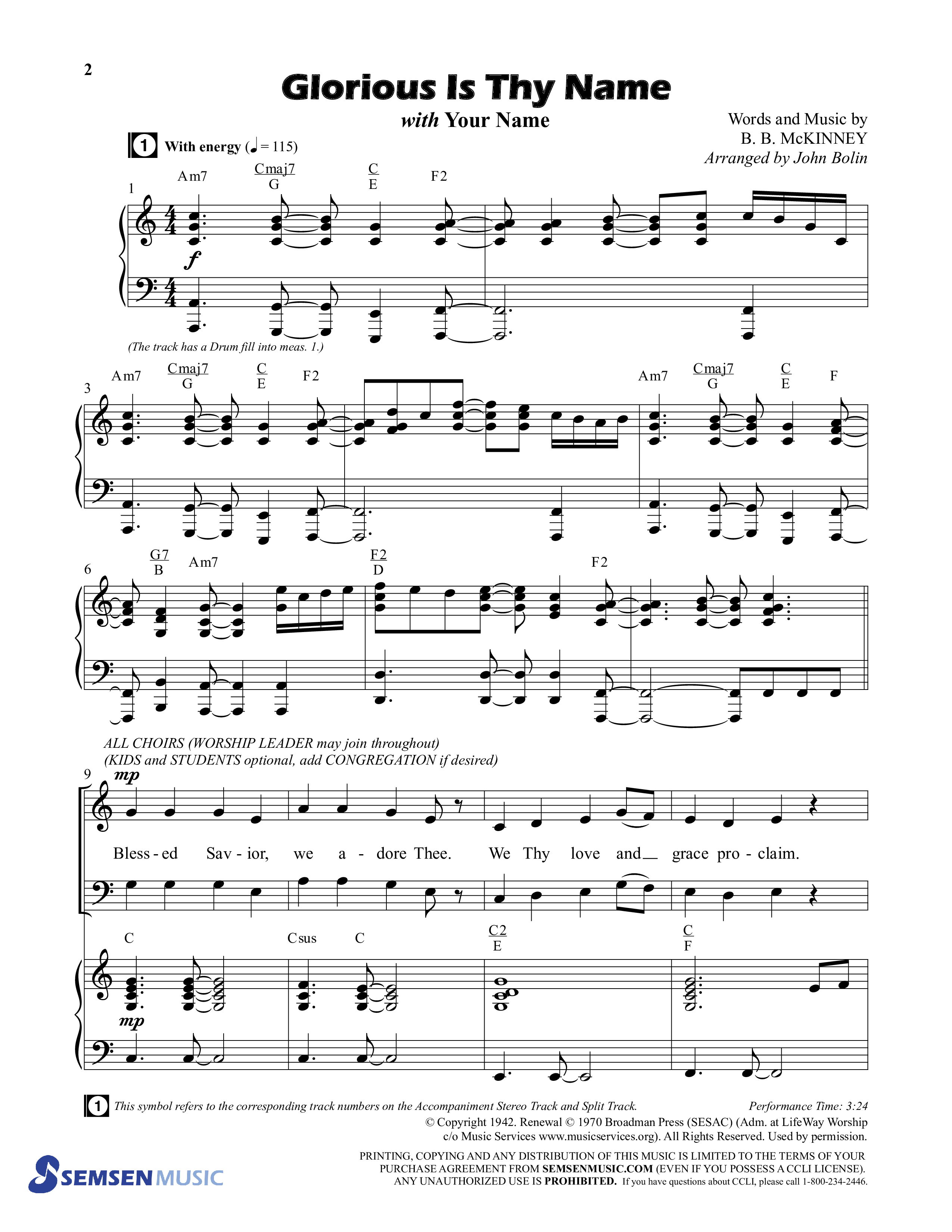 Glorious Is Thy Name (with Your Name) (Choral Anthem SATB) Anthem (SATB/Piano) (Semsen Music / Arr. John Bolin / Orch. Cliff Duren)