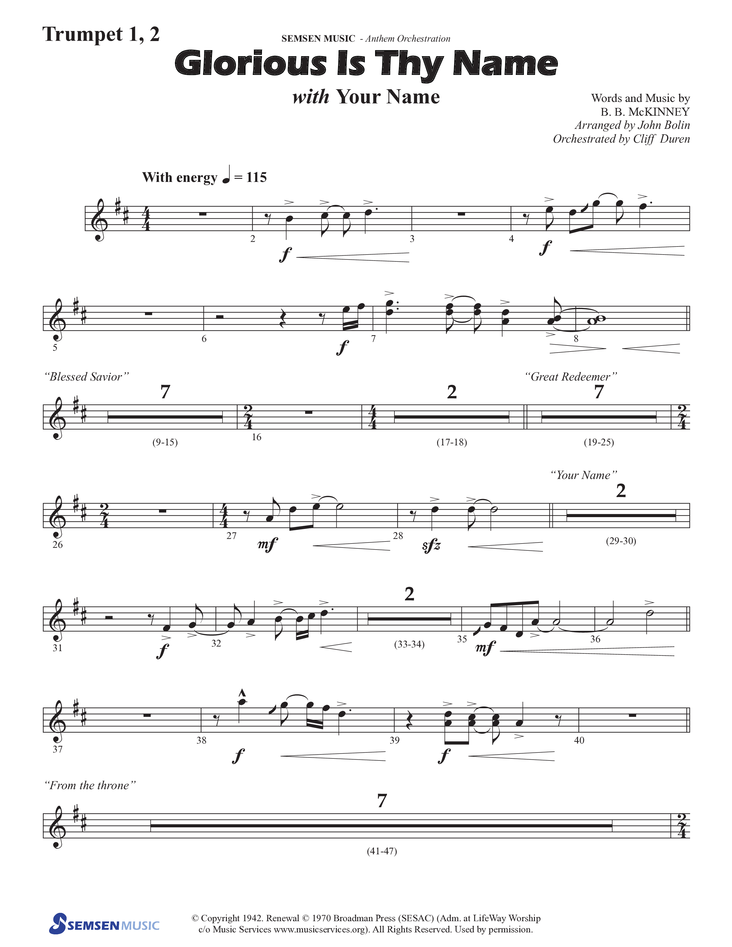 Glorious Is Thy Name (with Your Name) (Choral Anthem SATB) Trumpet 1,2 (Semsen Music / Arr. John Bolin / Orch. Cliff Duren)