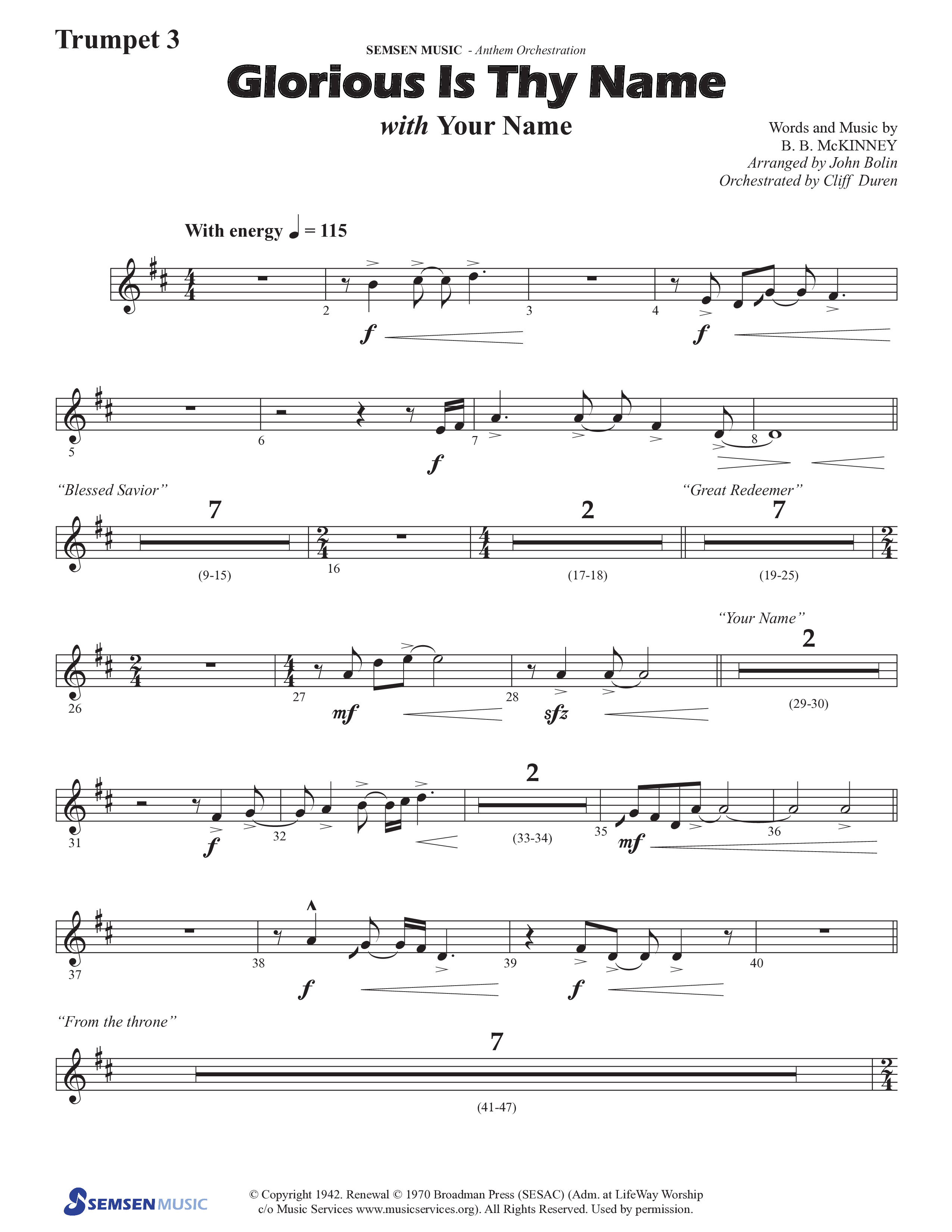 Glorious Is Thy Name (with Your Name) (Choral Anthem SATB) Trumpet 3 (Semsen Music / Arr. John Bolin / Orch. Cliff Duren)