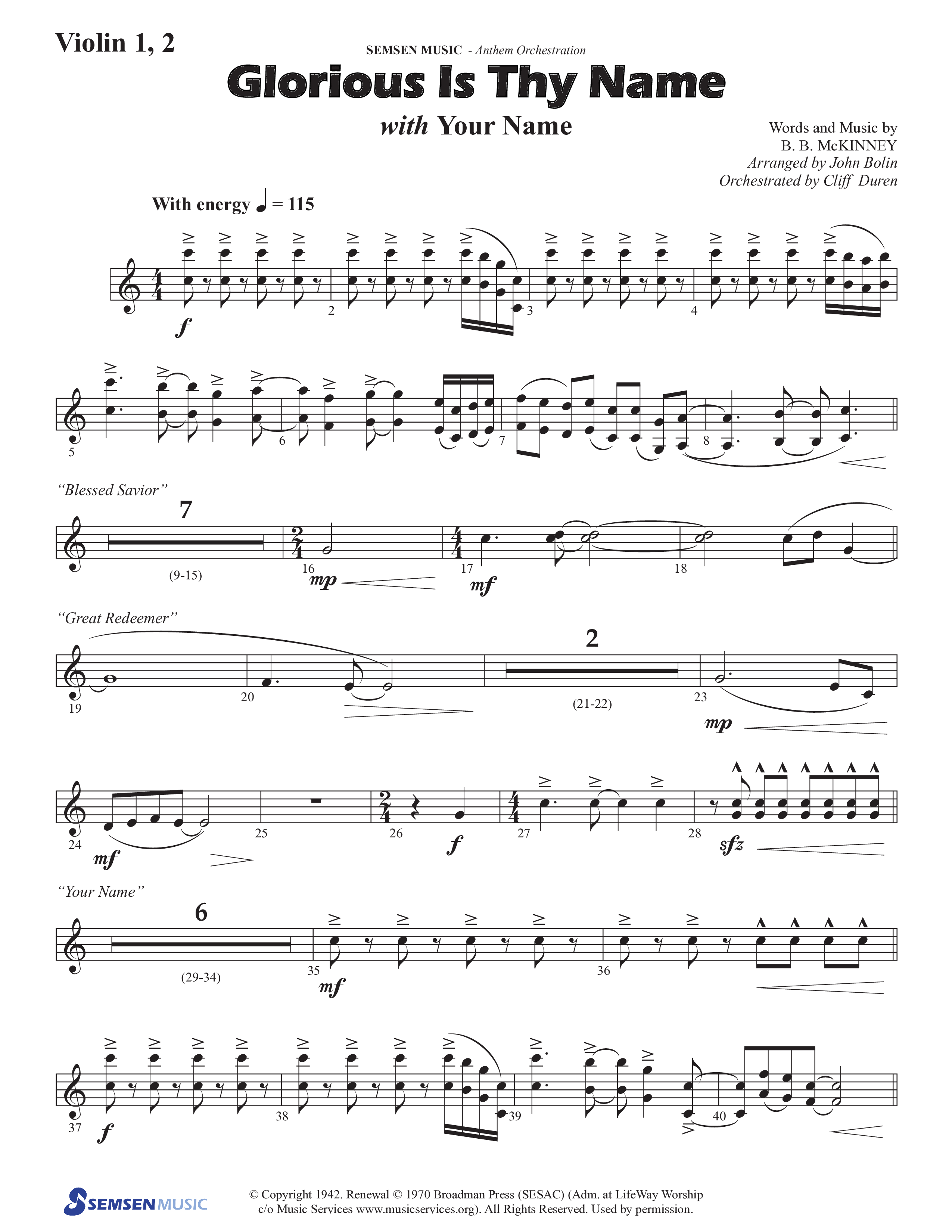 Glorious Is Thy Name (with Your Name) (Choral Anthem SATB) Violin 1/2 (Semsen Music / Arr. John Bolin / Orch. Cliff Duren)