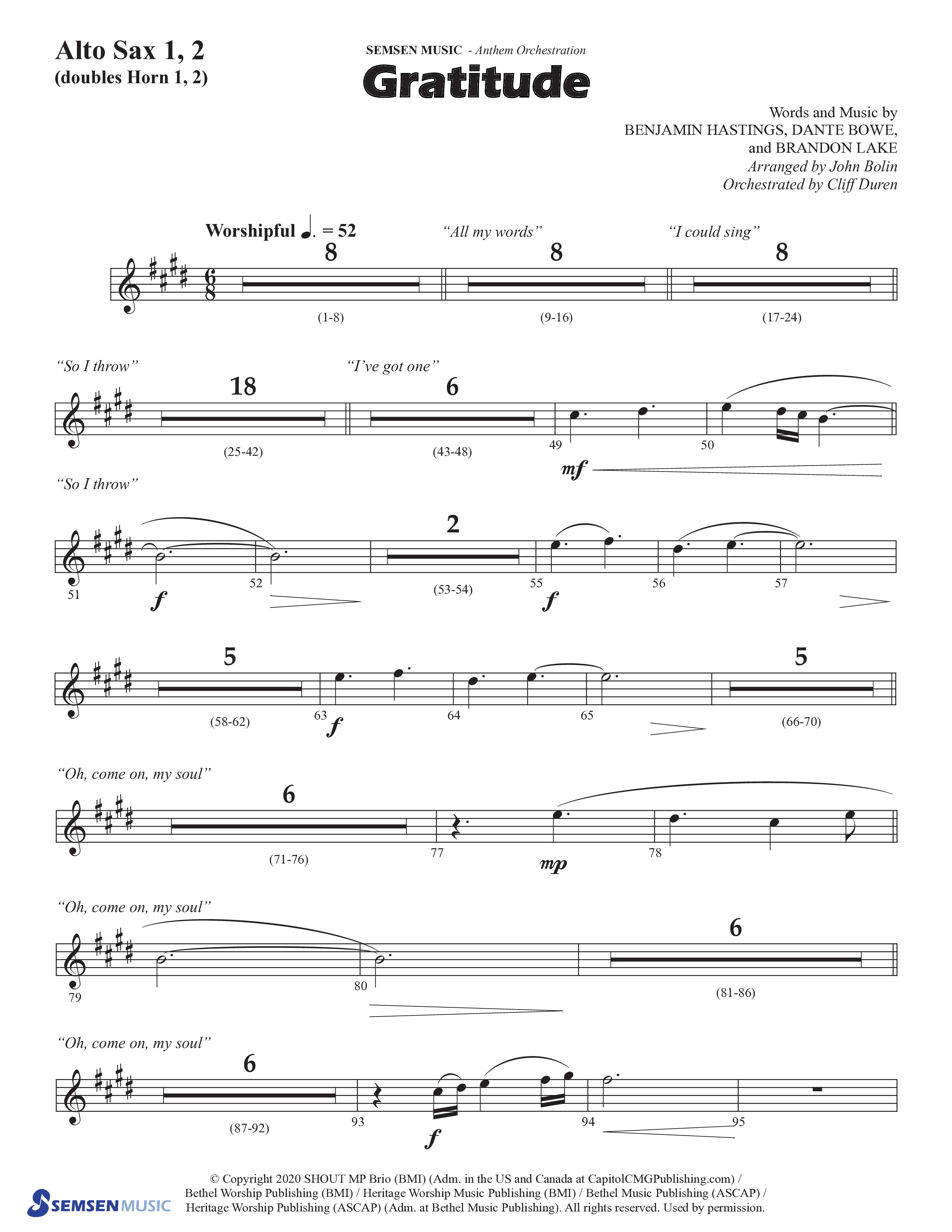 Gratitude (Choral Anthem SATB) Alto Sax 1/2 (Semsen Music / Arr. John Bolin / Orch. Cliff Duren)