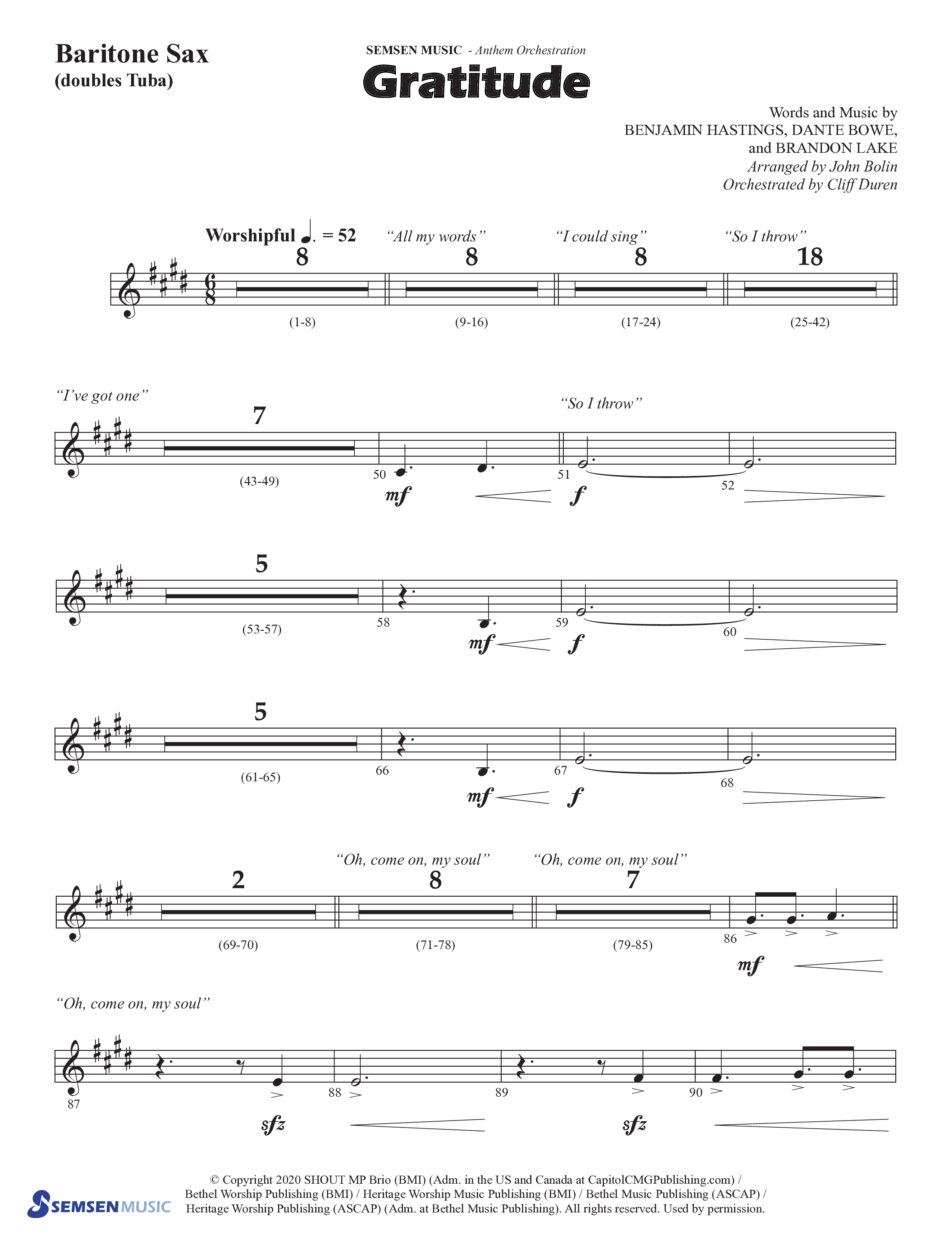Gratitude (Choral Anthem SATB) Bari Sax (Semsen Music / Arr. John Bolin / Orch. Cliff Duren)