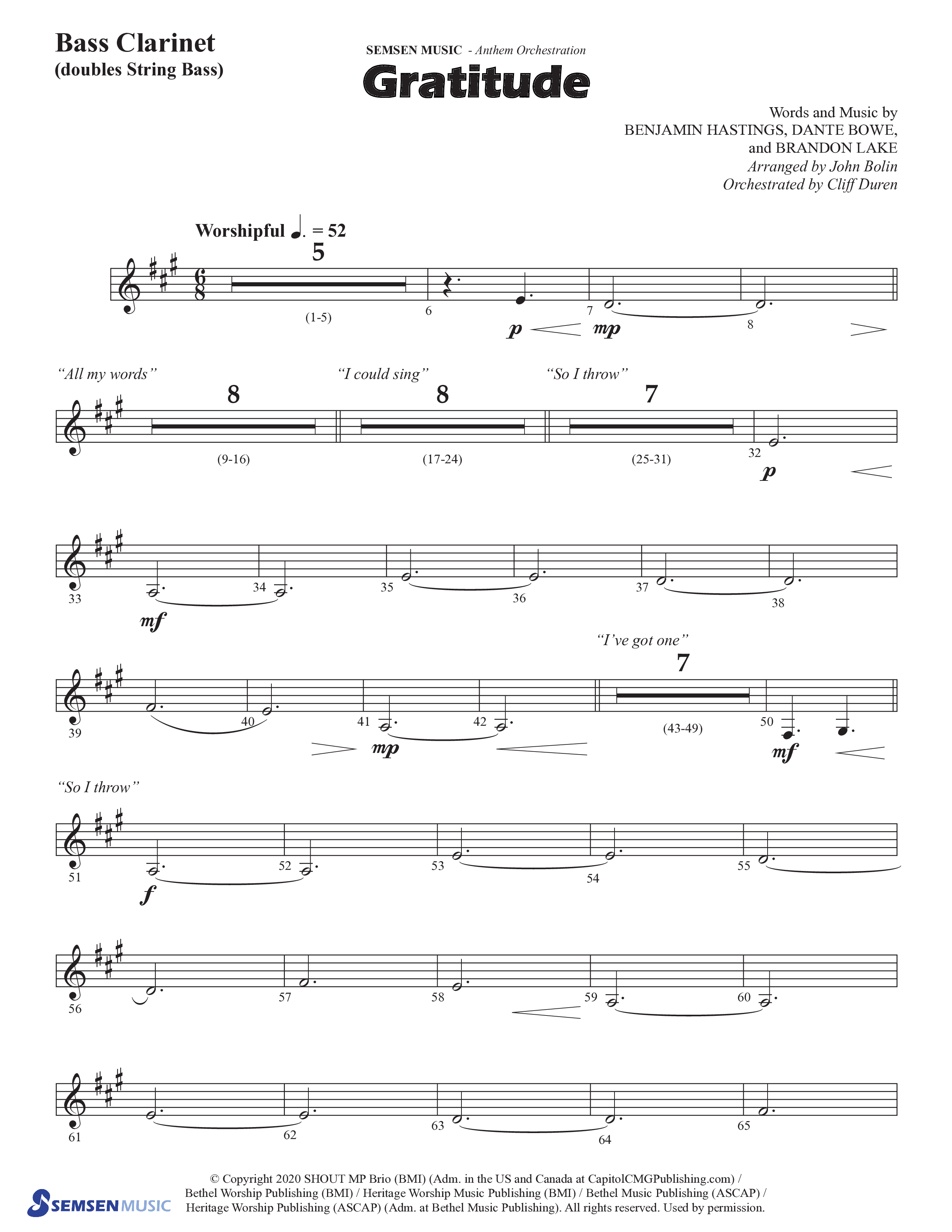 Gratitude (Choral Anthem SATB) Bass Clarinet (Semsen Music / Arr. John Bolin / Orch. Cliff Duren)