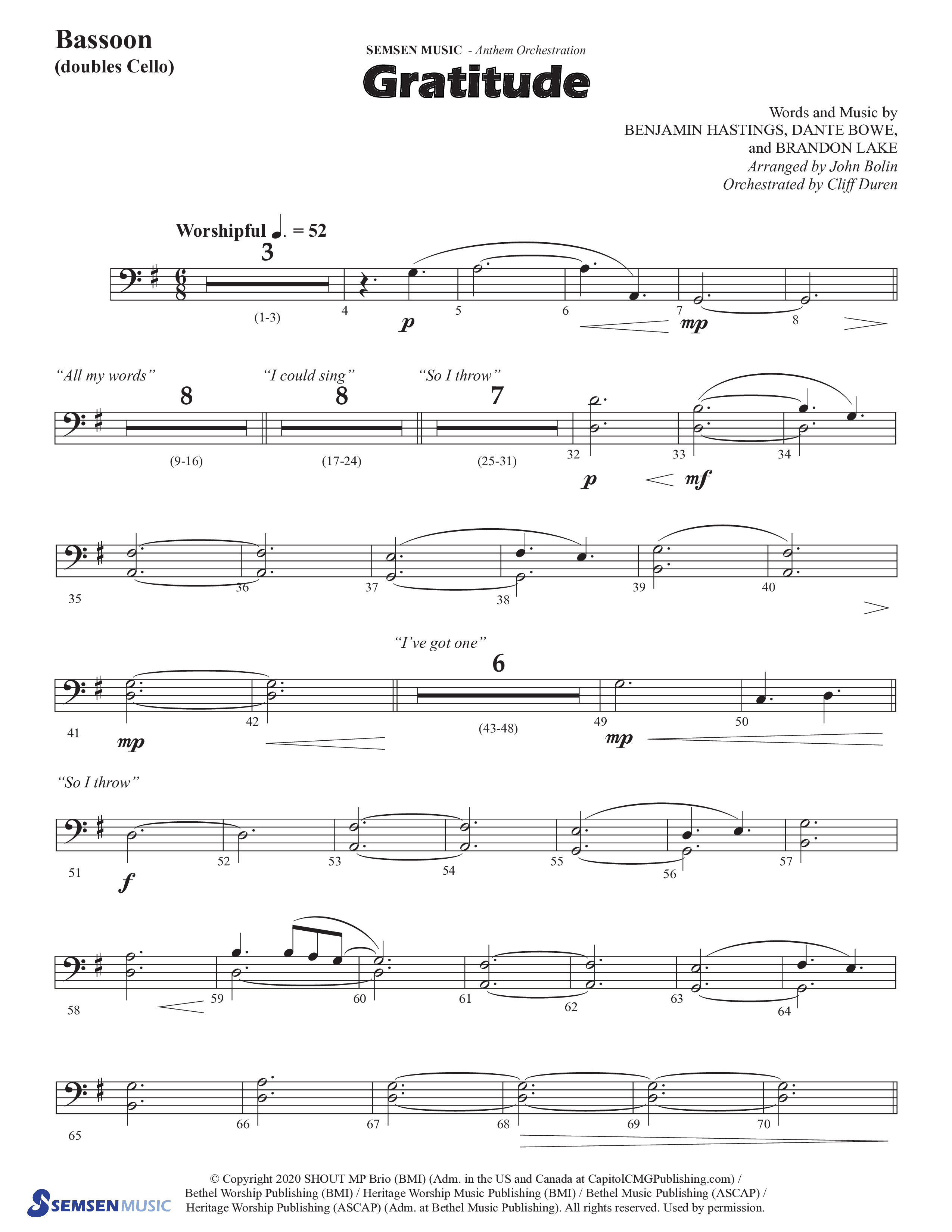 Gratitude (Choral Anthem SATB) Bassoon (Semsen Music / Arr. John Bolin / Orch. Cliff Duren)