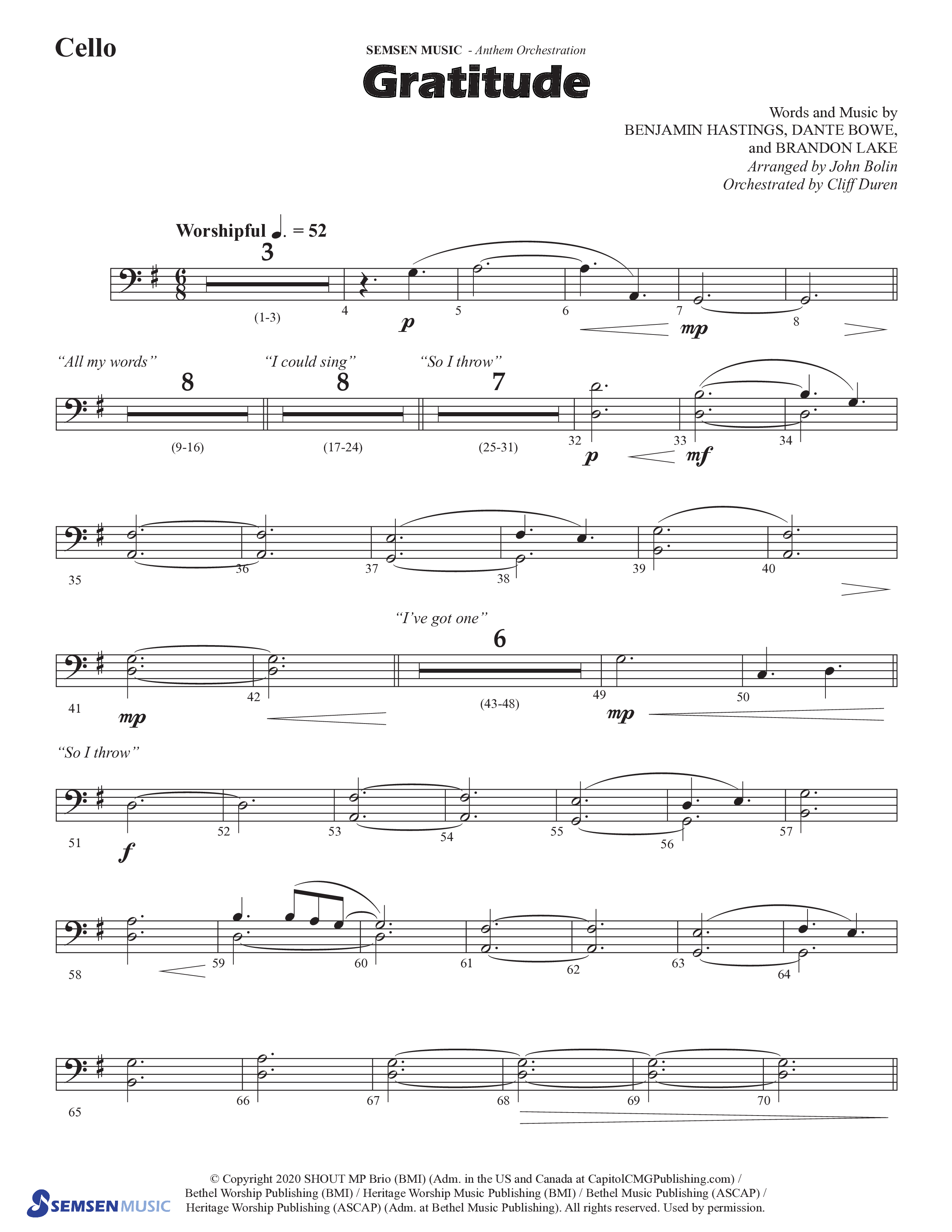 Gratitude (Choral Anthem SATB) Cello (Semsen Music / Arr. John Bolin / Orch. Cliff Duren)