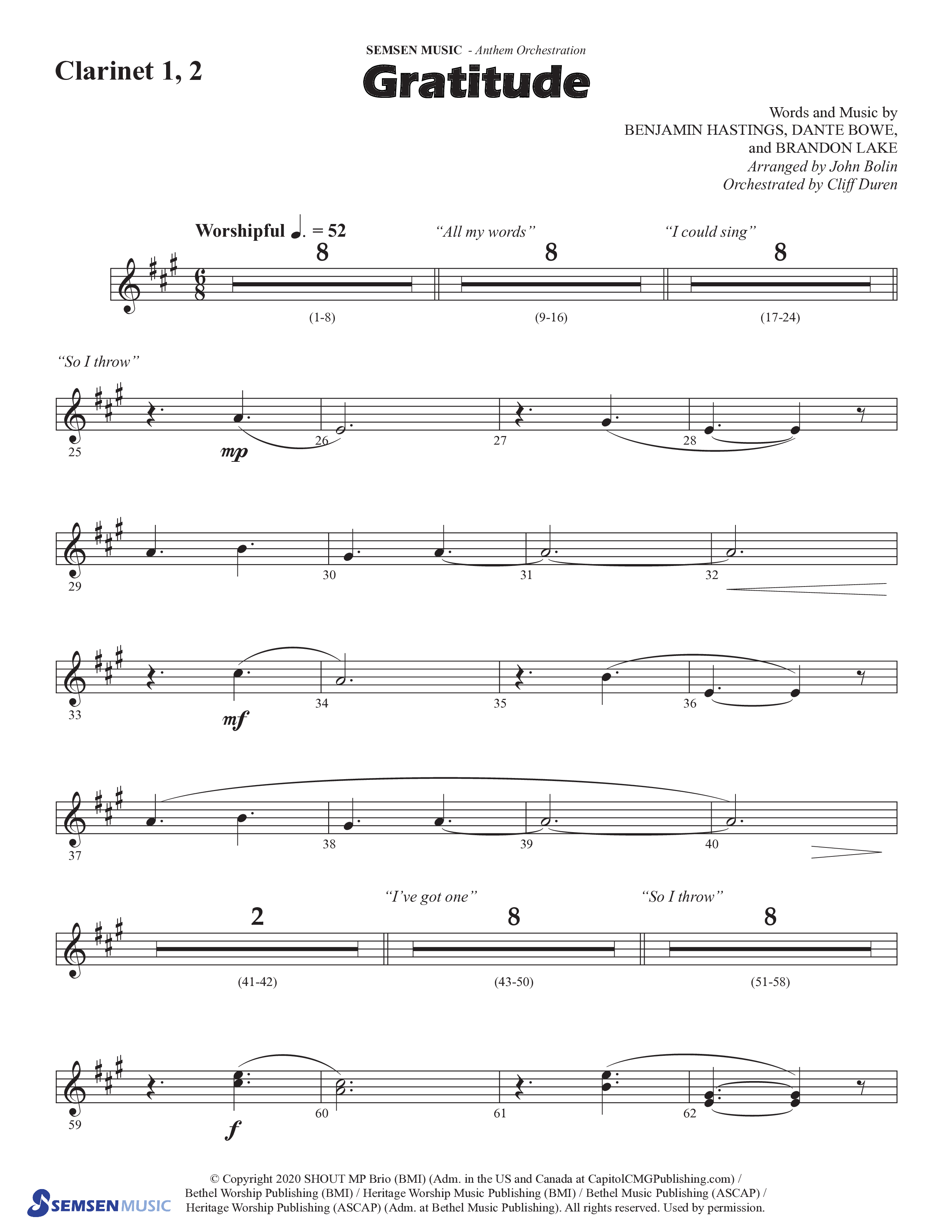 Gratitude (Choral Anthem SATB) Clarinet 1/2 (Semsen Music / Arr. John Bolin / Orch. Cliff Duren)