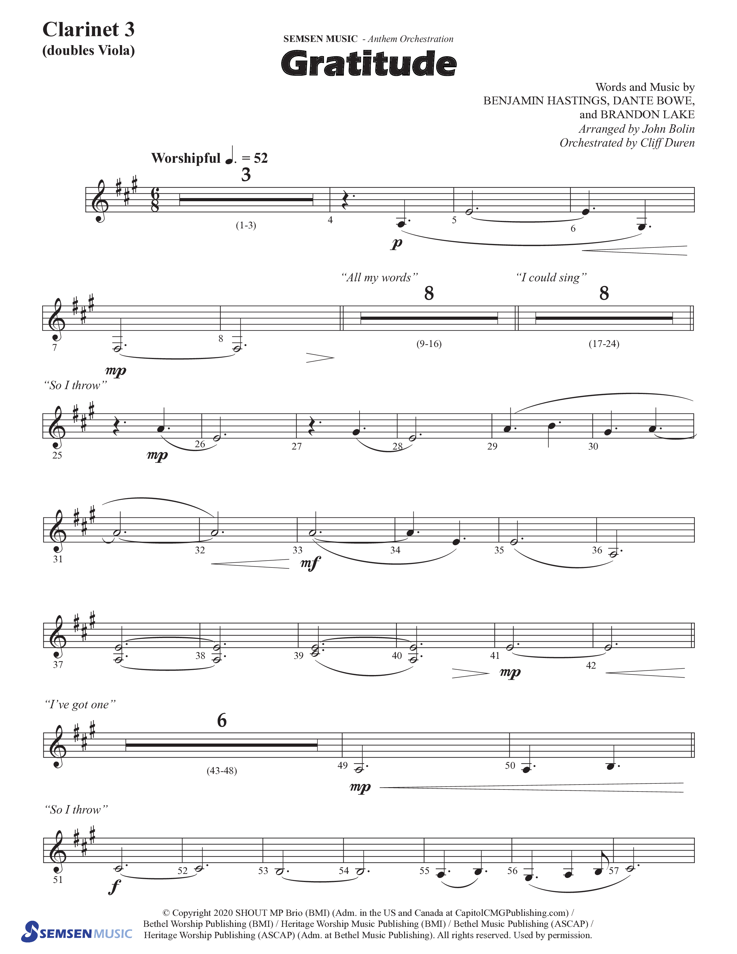 Gratitude (Choral Anthem SATB) Clarinet 3 (Semsen Music / Arr. John Bolin / Orch. Cliff Duren)