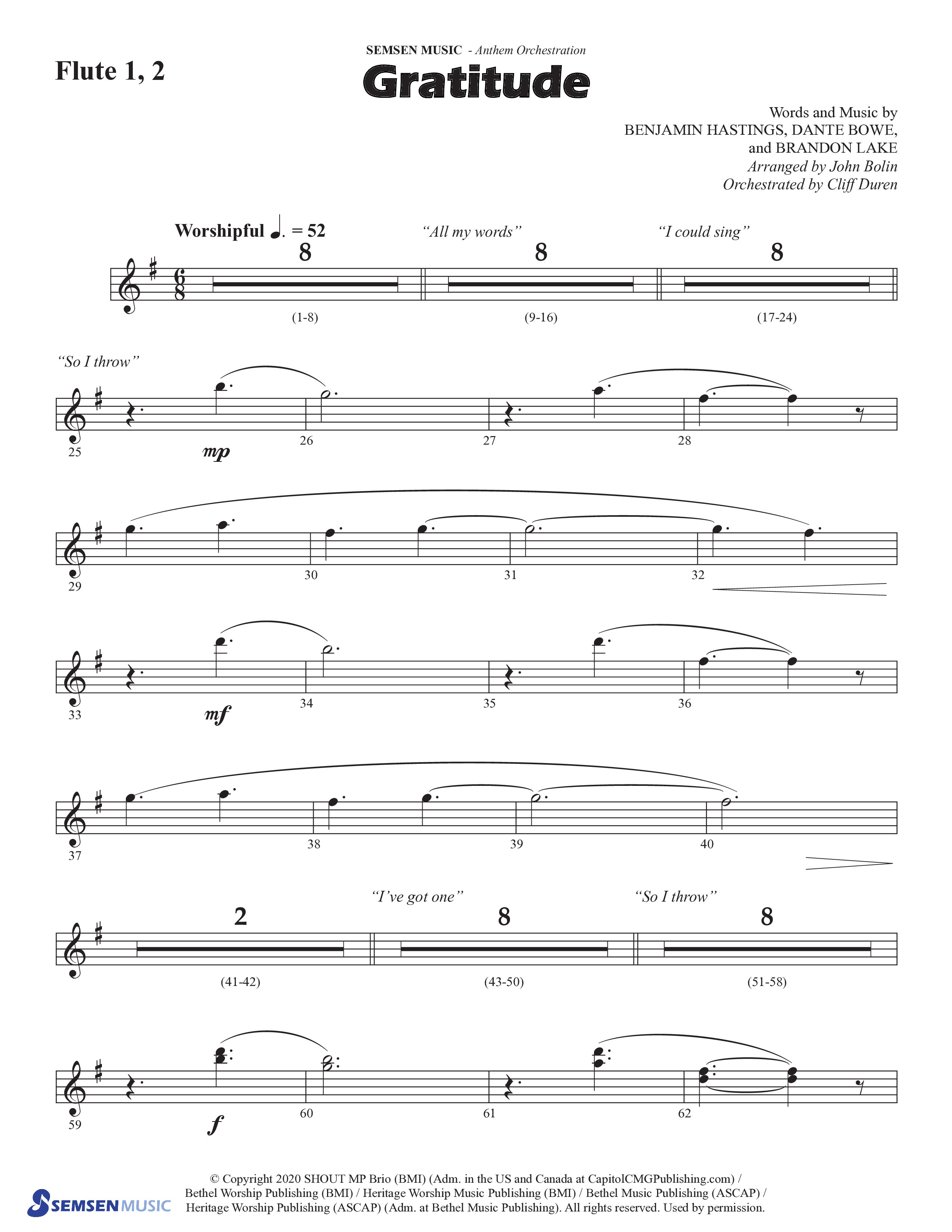 Gratitude (Choral Anthem SATB) Flute 1/2 (Semsen Music / Arr. John Bolin / Orch. Cliff Duren)