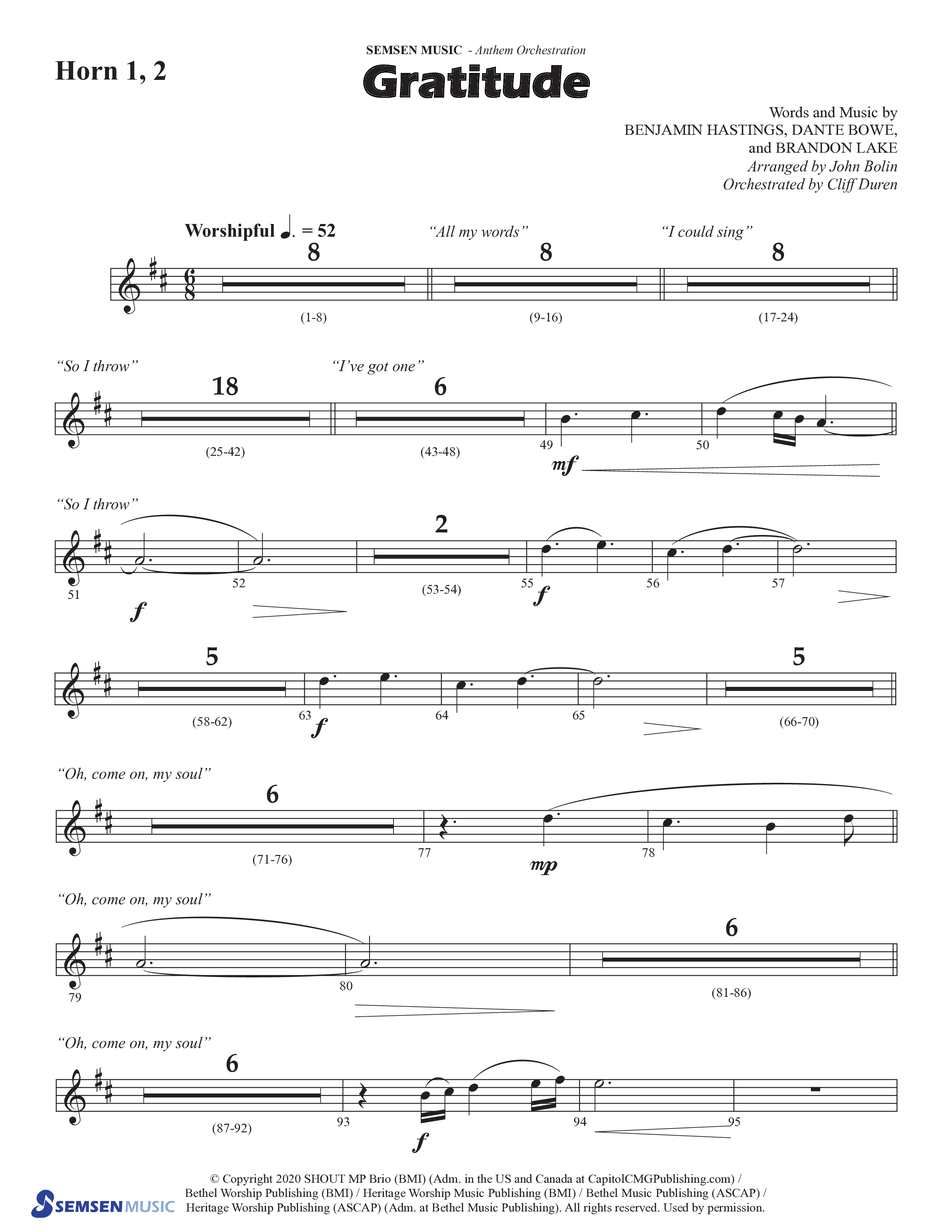 Gratitude (Choral Anthem SATB) French Horn 1/2 (Semsen Music / Arr. John Bolin / Orch. Cliff Duren)