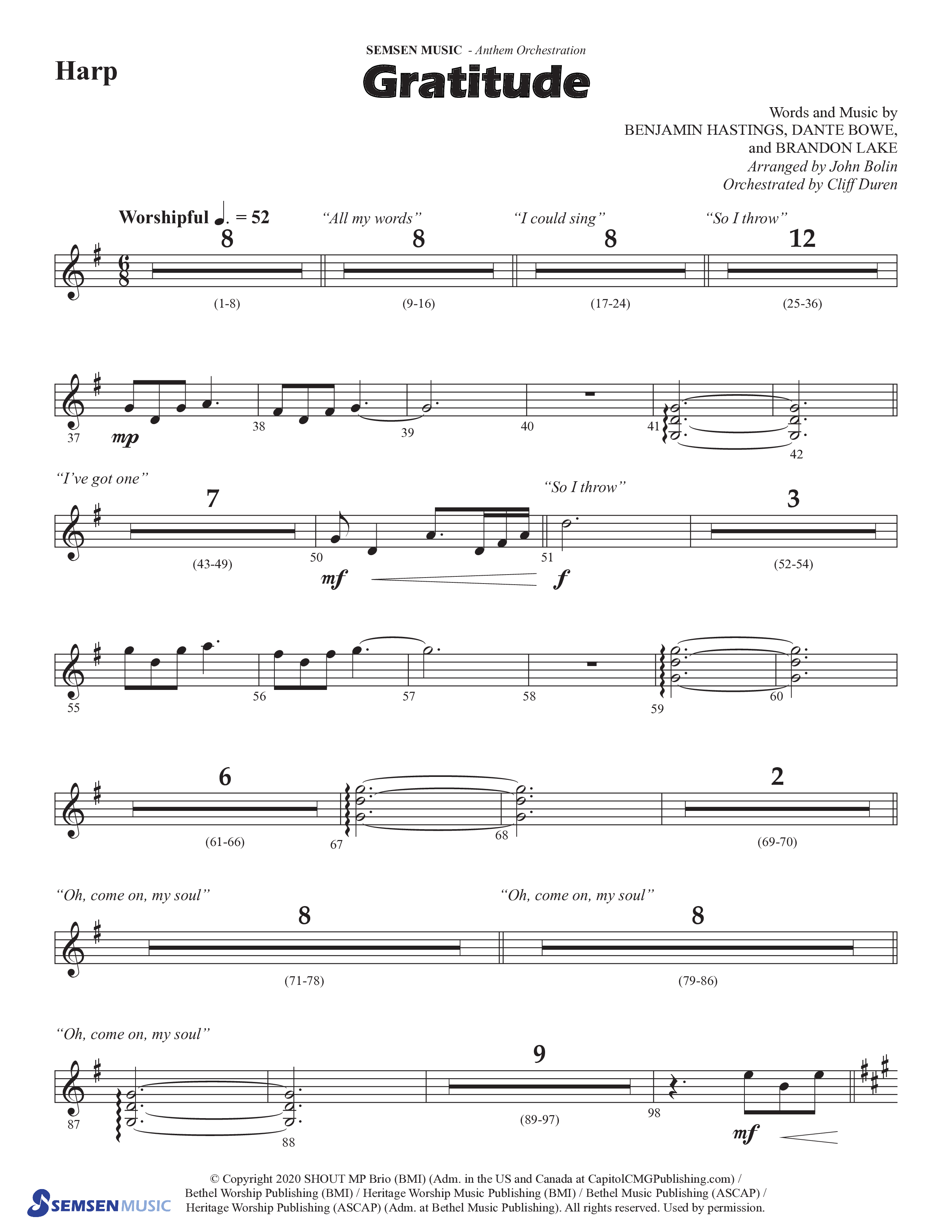Gratitude (Choral Anthem SATB) Harp (Semsen Music / Arr. John Bolin / Orch. Cliff Duren)