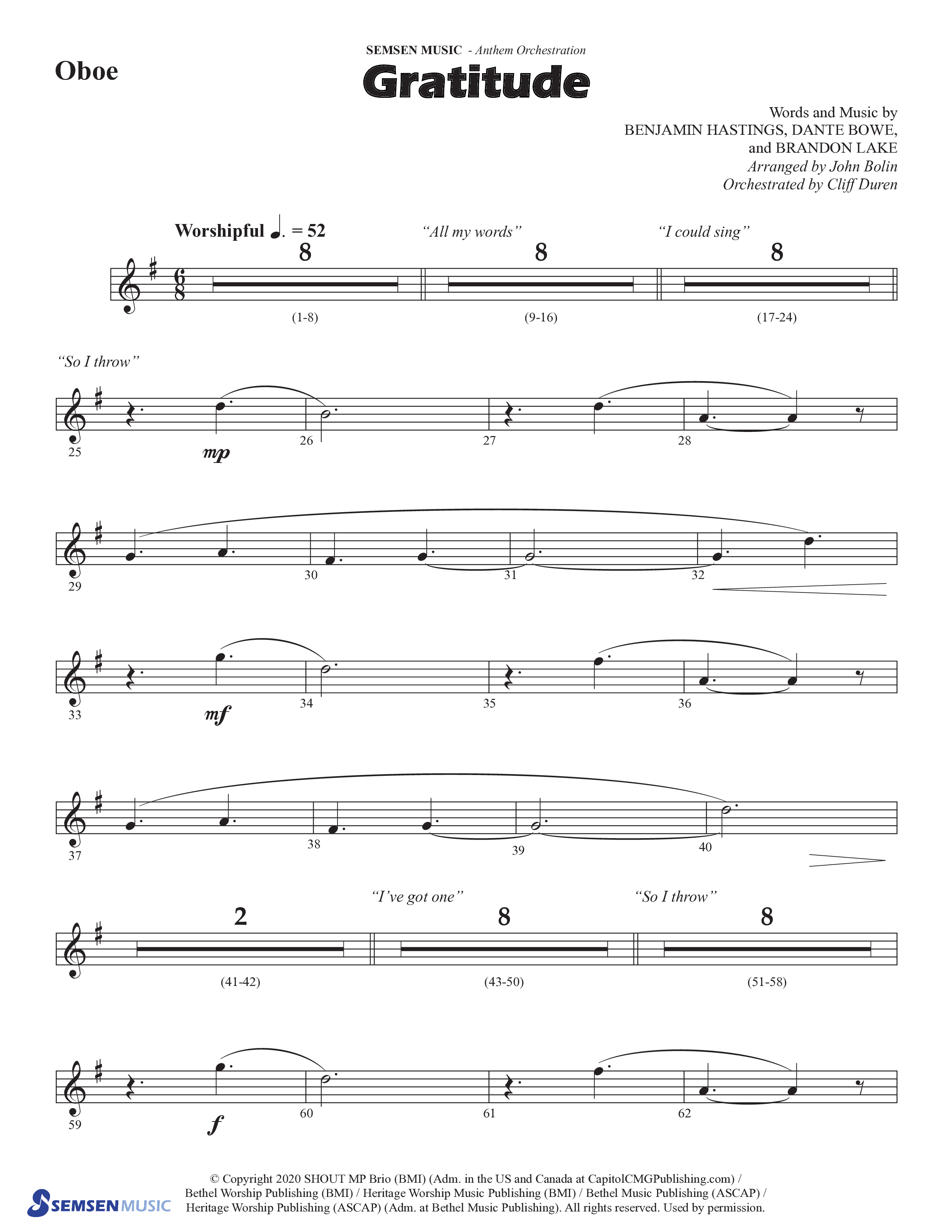 Gratitude (Choral Anthem SATB) Oboe (Semsen Music / Arr. John Bolin / Orch. Cliff Duren)