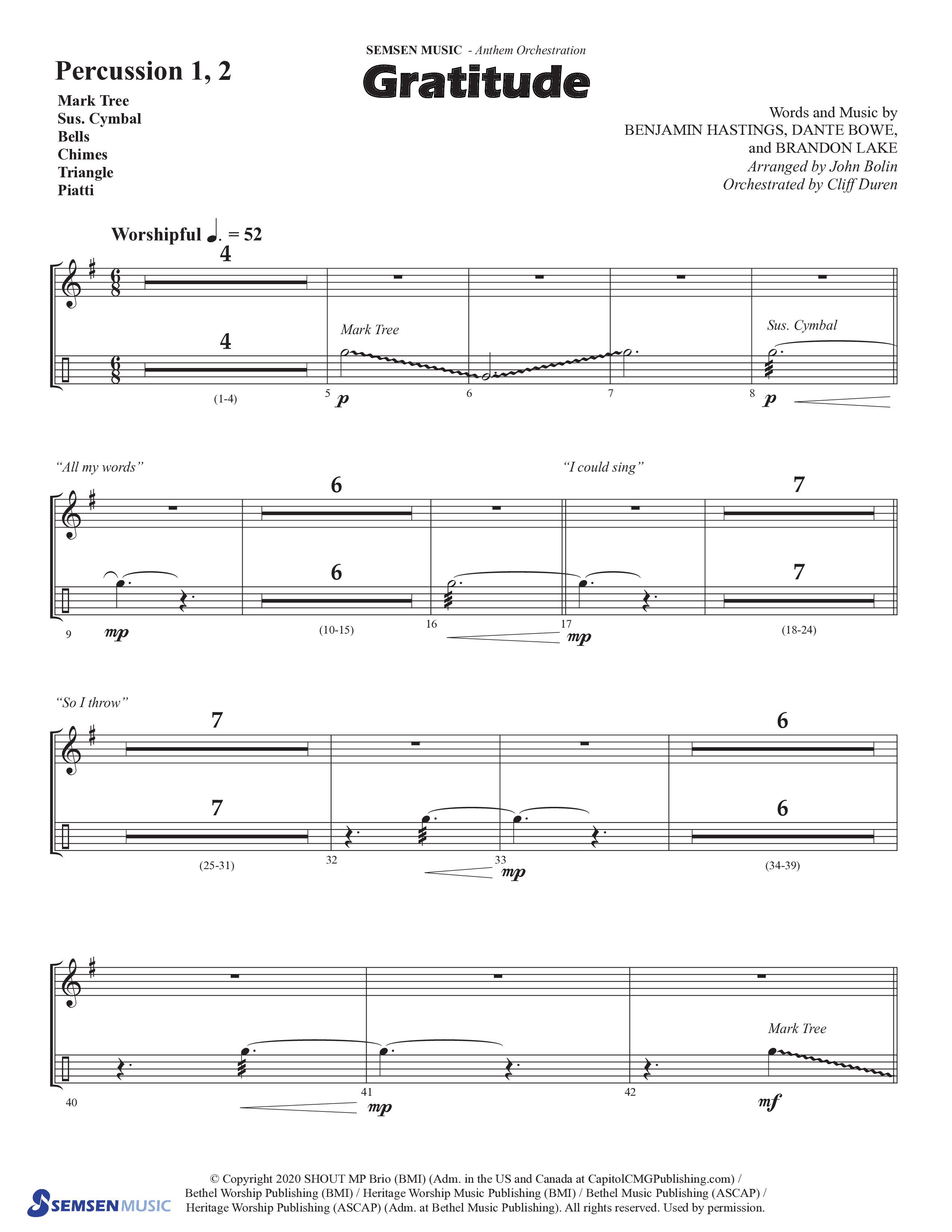 Gratitude (Choral Anthem SATB) Percussion 1/2 (Semsen Music / Arr. John Bolin / Orch. Cliff Duren)