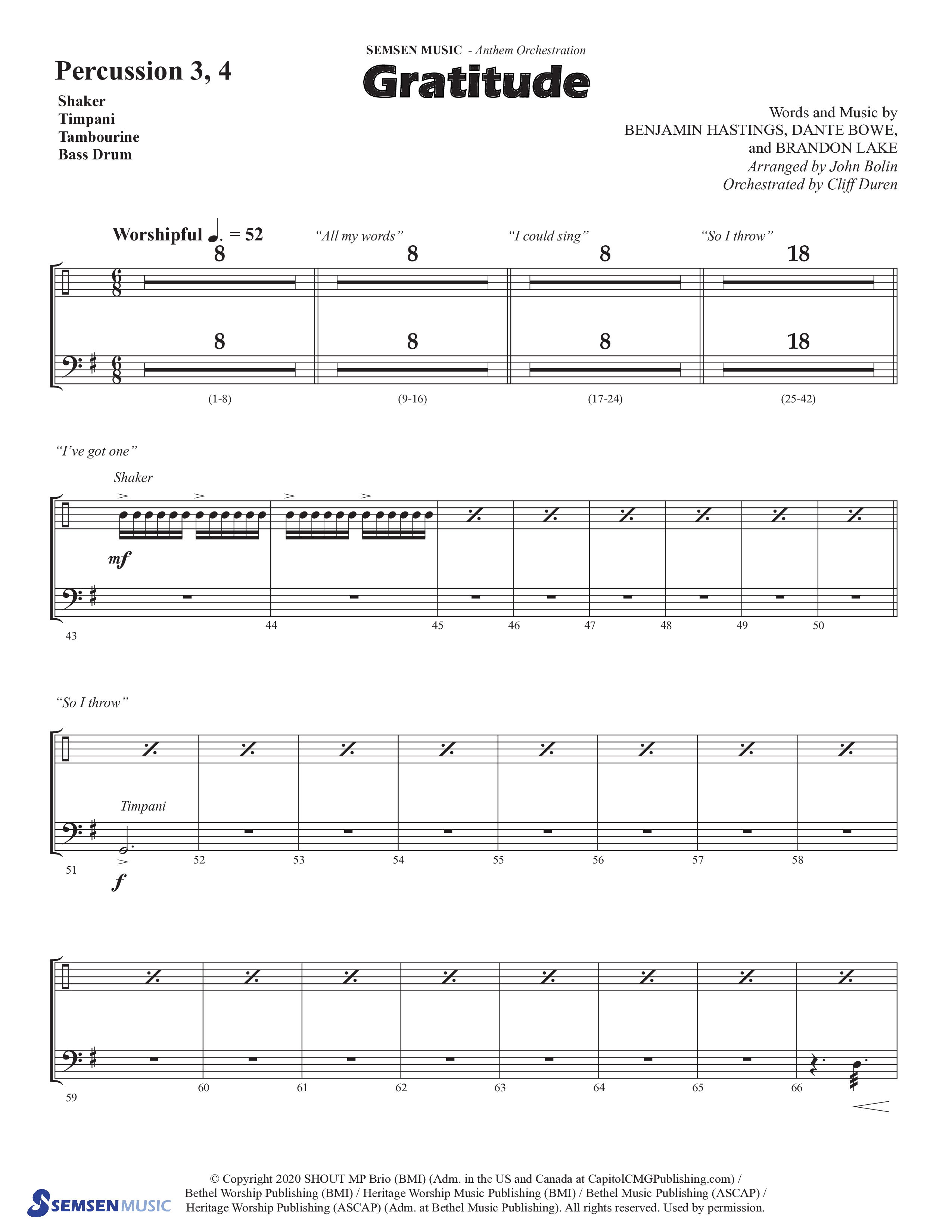 Gratitude (Choral Anthem SATB) Percussion (Semsen Music / Arr. John Bolin / Orch. Cliff Duren)