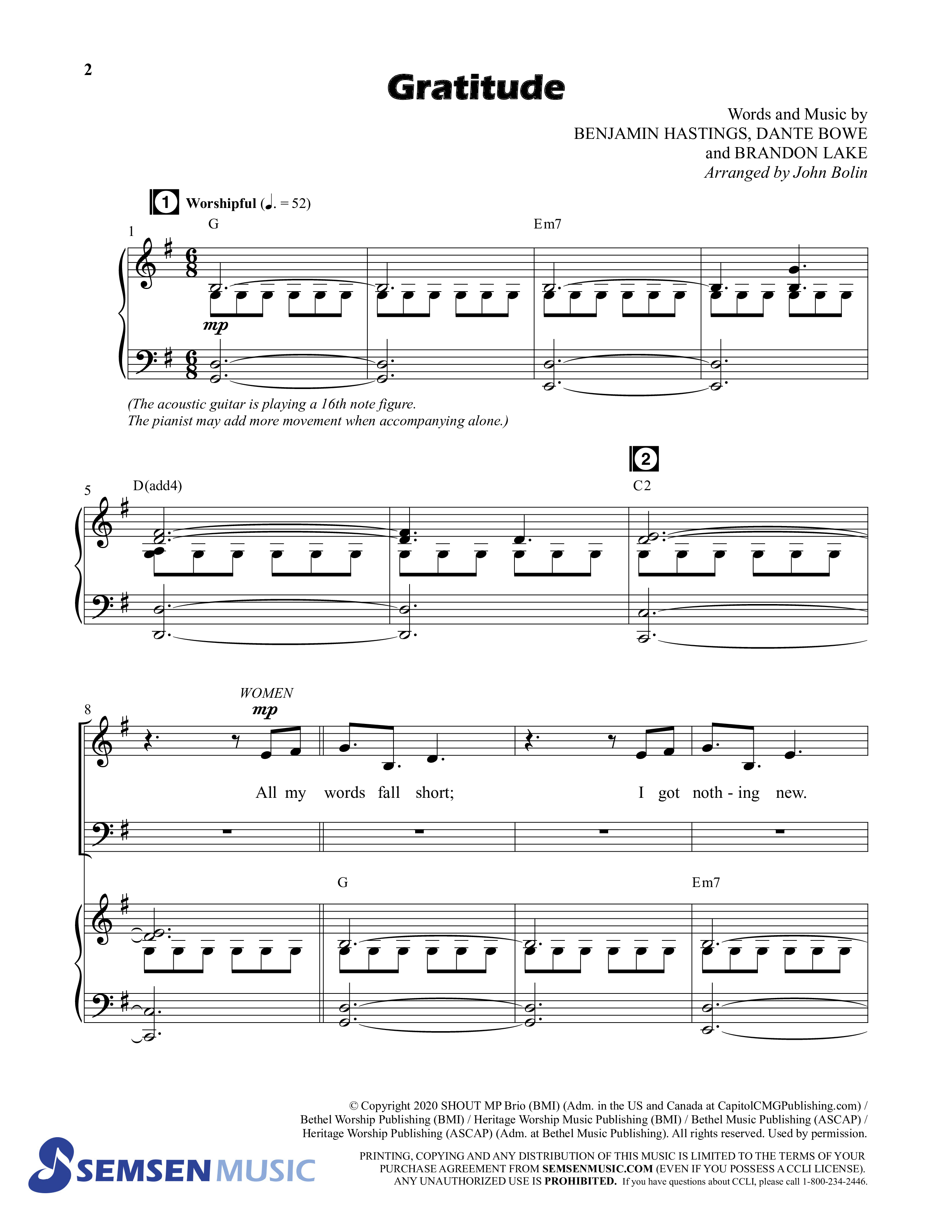 Gratitude (Choral Anthem SATB) Anthem (SATB/Piano) (Semsen Music / Arr. John Bolin / Orch. Cliff Duren)
