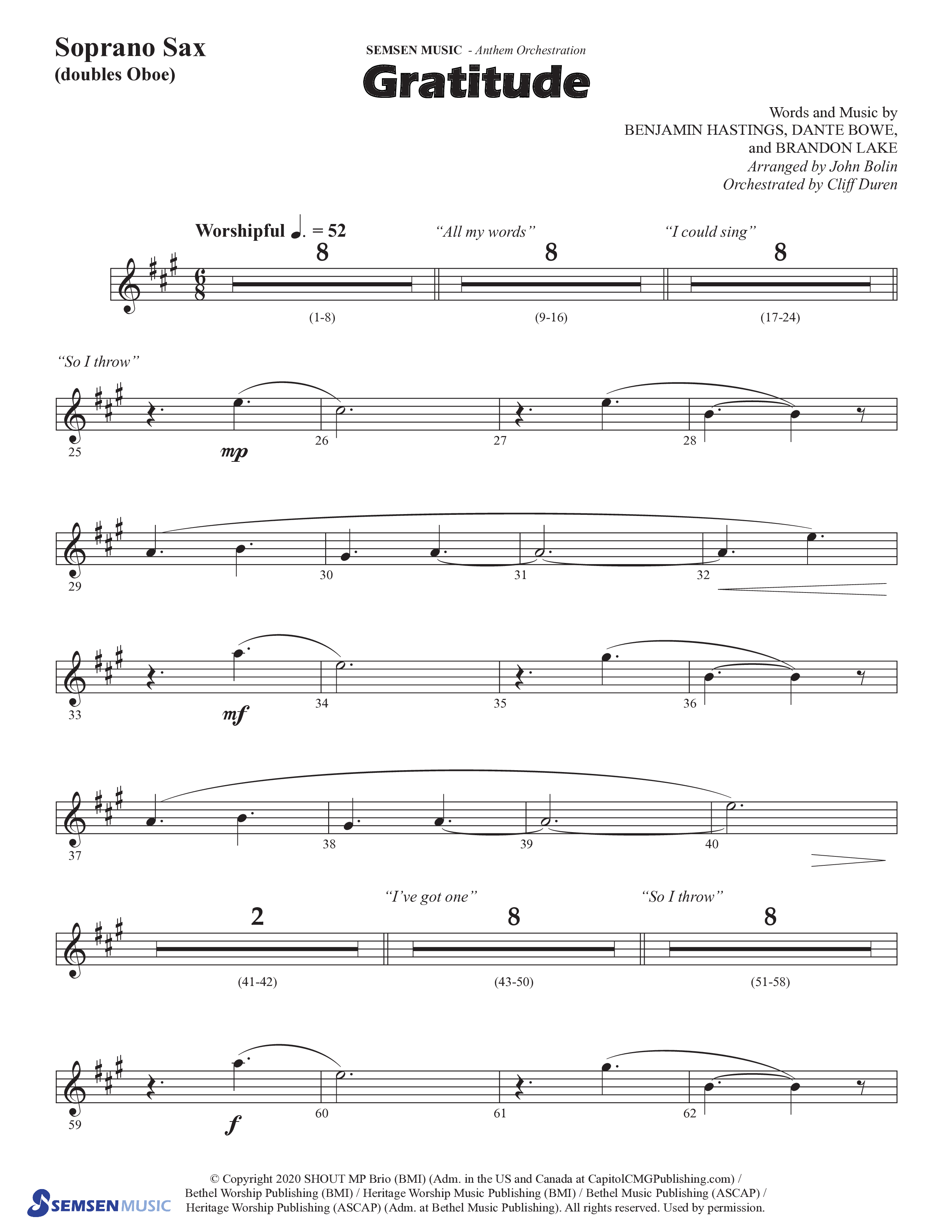 Gratitude (Choral Anthem SATB) Soprano Sax (Semsen Music / Arr. John Bolin / Orch. Cliff Duren)