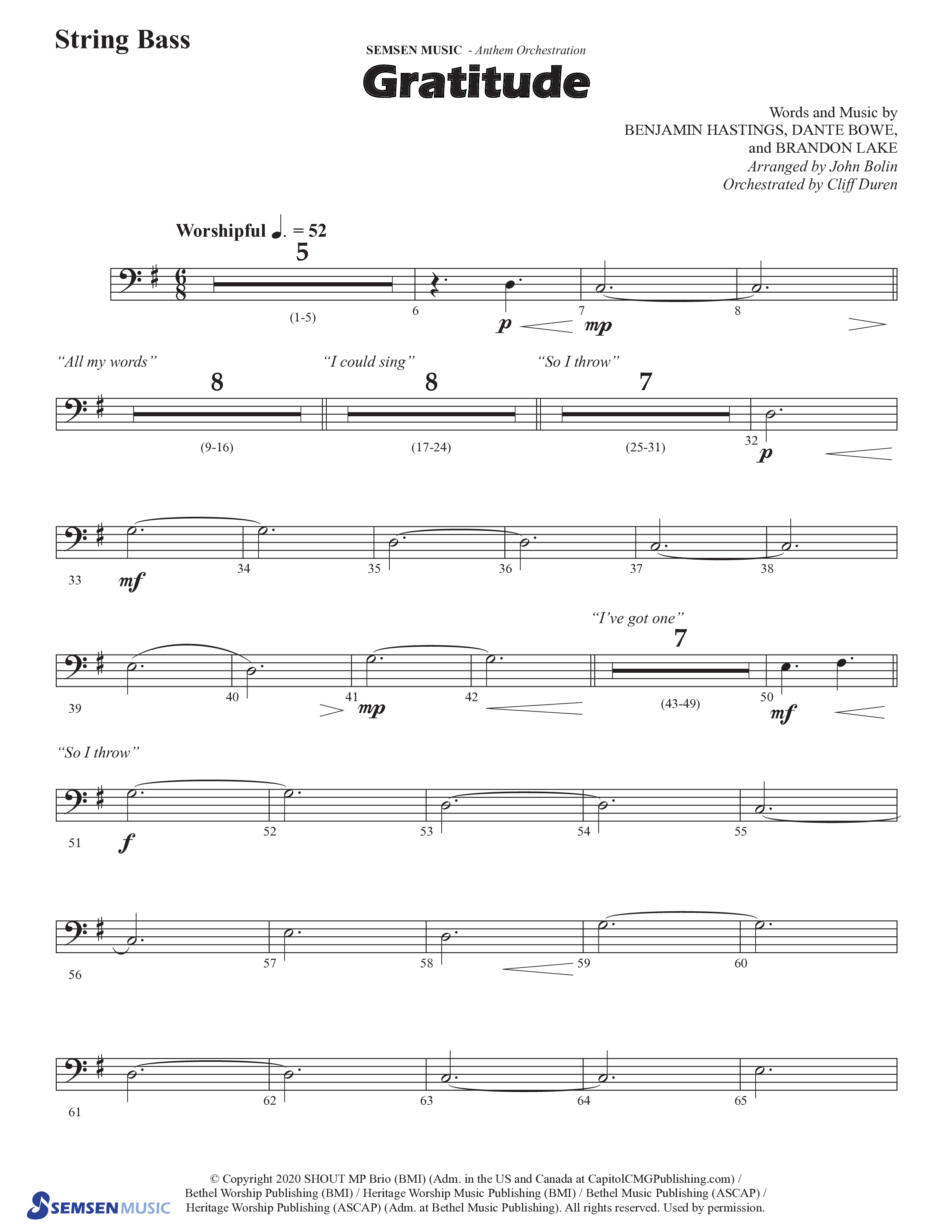 Gratitude (Choral Anthem SATB) String Bass (Semsen Music / Arr. John Bolin / Orch. Cliff Duren)
