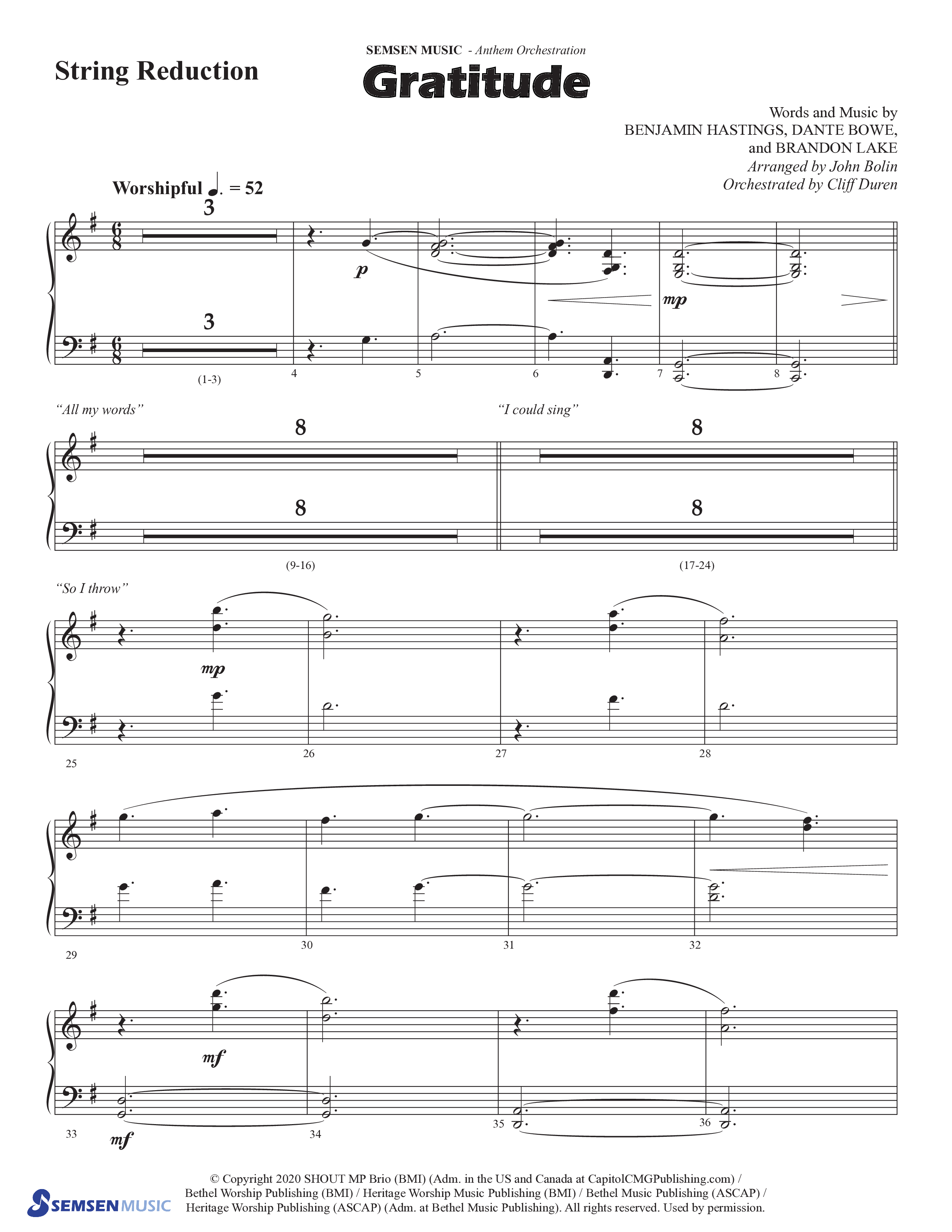 Gratitude (Choral Anthem SATB) String Reduction (Semsen Music / Arr. John Bolin / Orch. Cliff Duren)