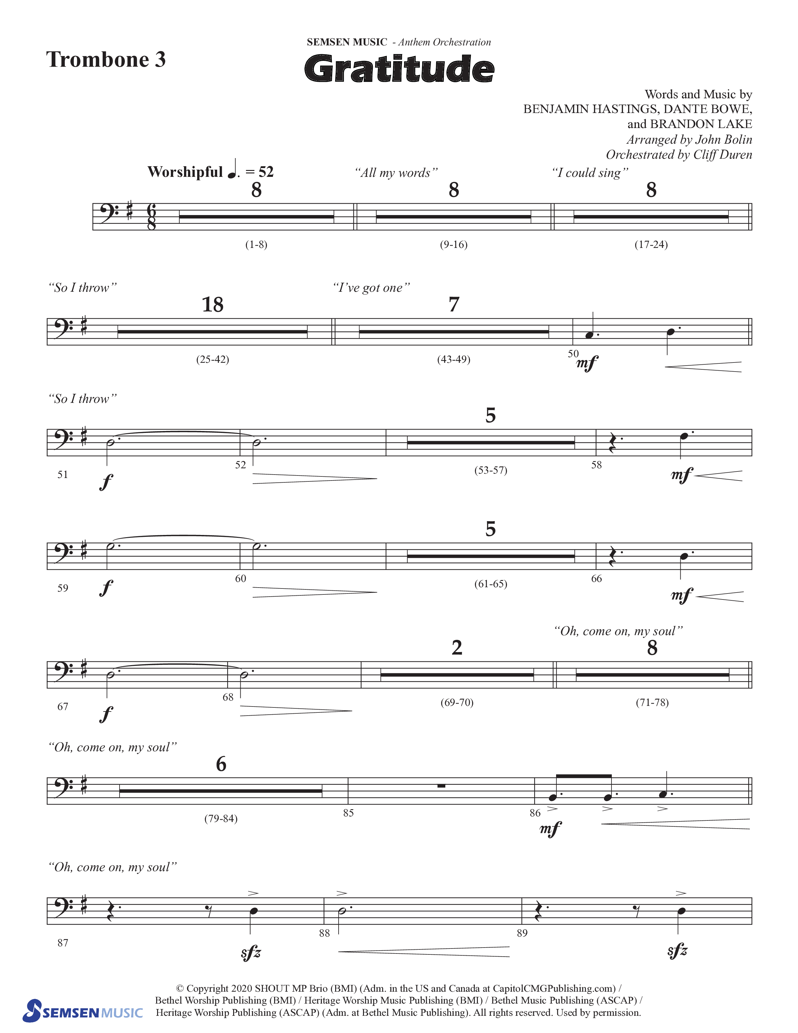 Gratitude (Choral Anthem SATB) Trombone 3 (Semsen Music / Arr. John Bolin / Orch. Cliff Duren)