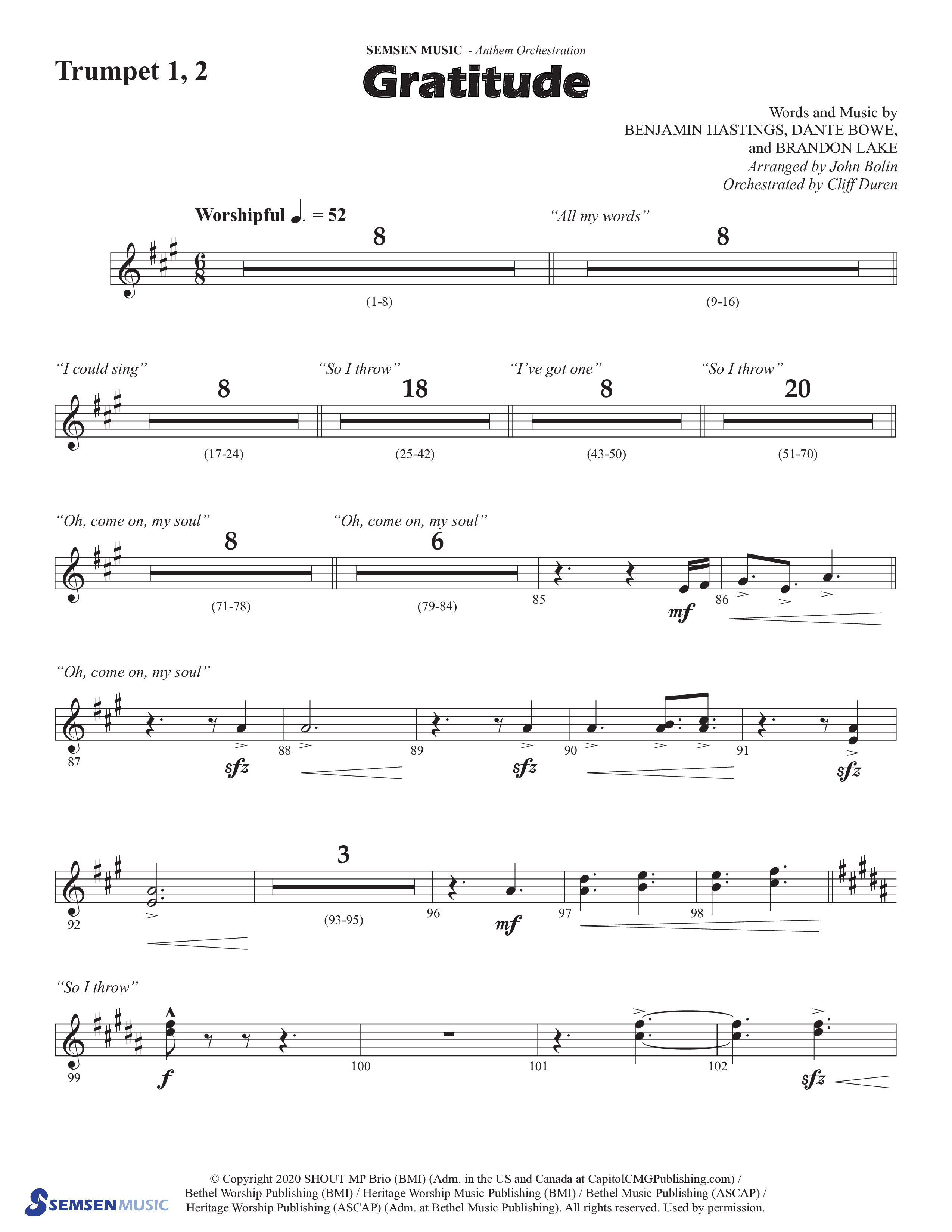 Gratitude (Choral Anthem SATB) Trumpet 1,2 (Semsen Music / Arr. John Bolin / Orch. Cliff Duren)