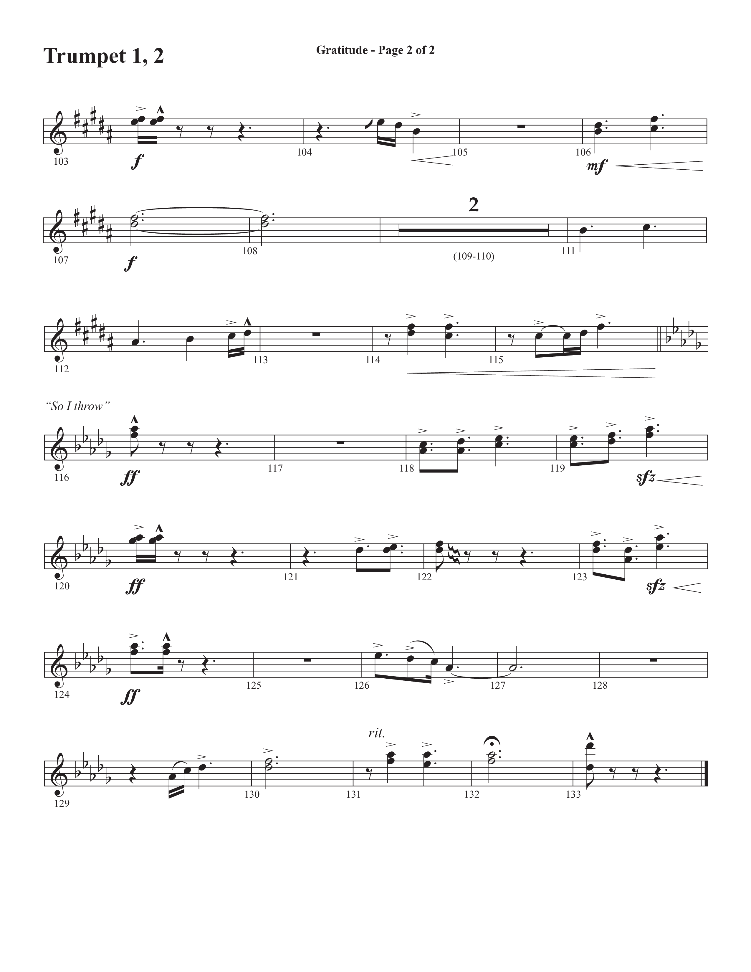 Gratitude (Choral Anthem SATB) Trumpet 1,2 (Semsen Music / Arr. John Bolin / Orch. Cliff Duren)