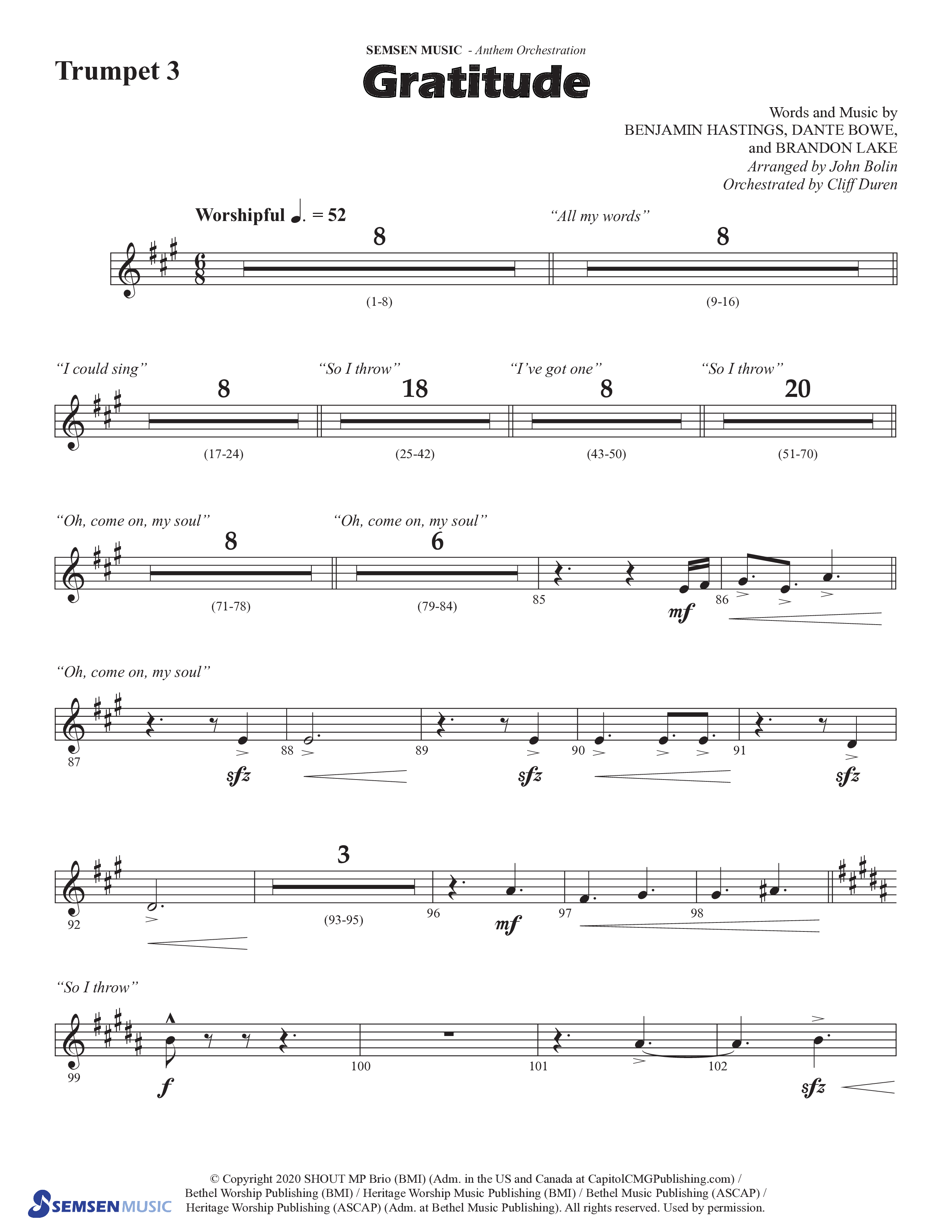 Gratitude (Choral Anthem SATB) Trumpet 3 (Semsen Music / Arr. John Bolin / Orch. Cliff Duren)
