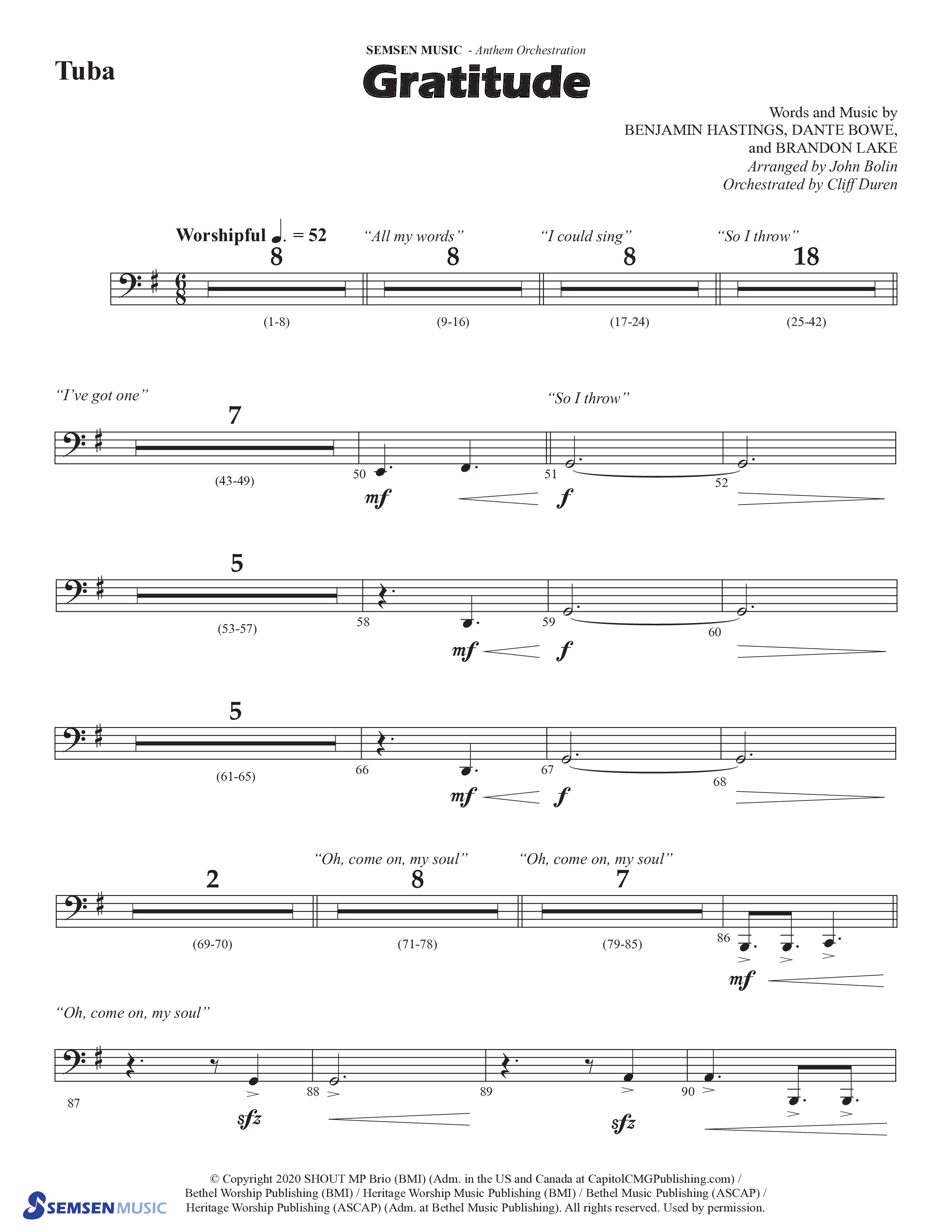 Gratitude (Choral Anthem SATB) Tuba (Semsen Music / Arr. John Bolin / Orch. Cliff Duren)