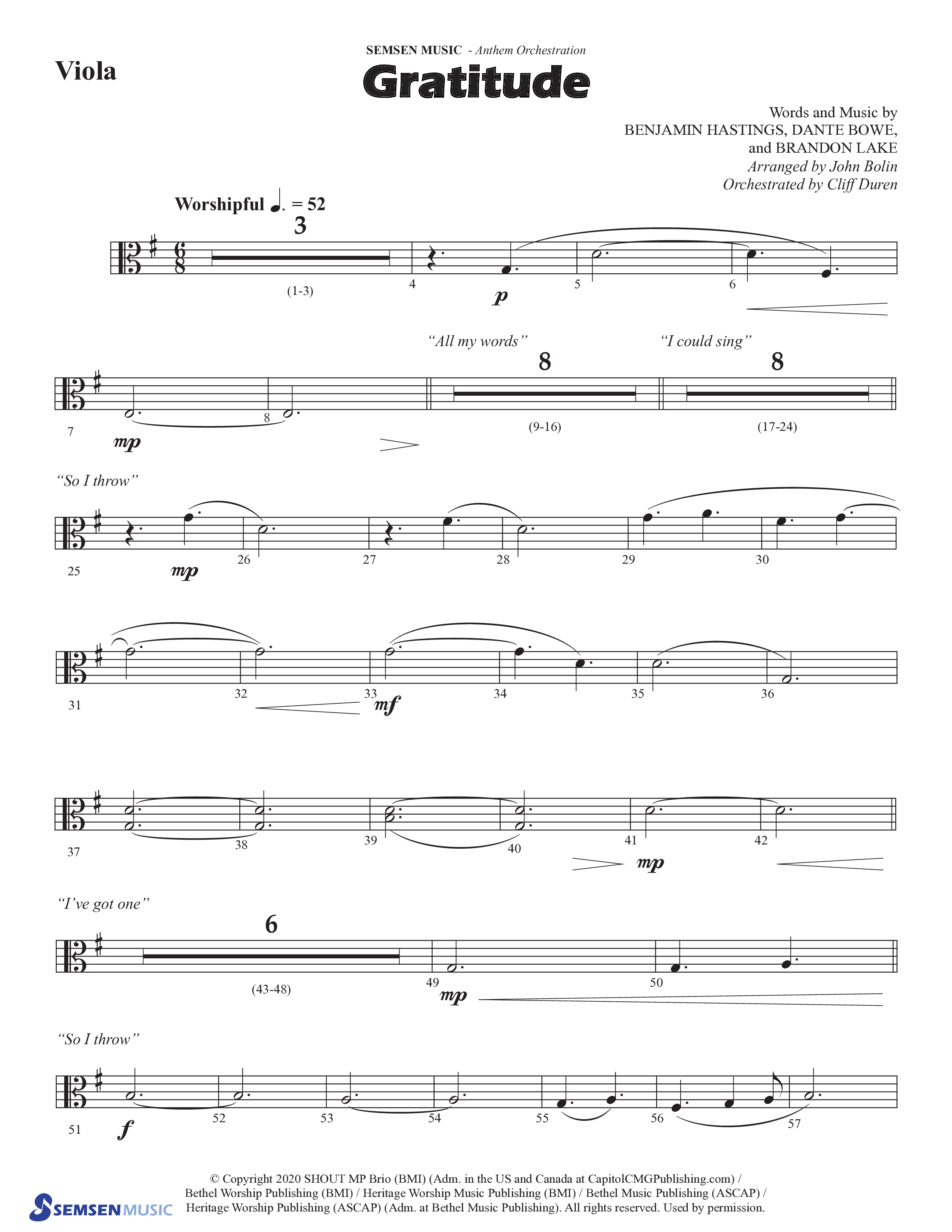 Gratitude (Choral Anthem SATB) Viola (Semsen Music / Arr. John Bolin / Orch. Cliff Duren)