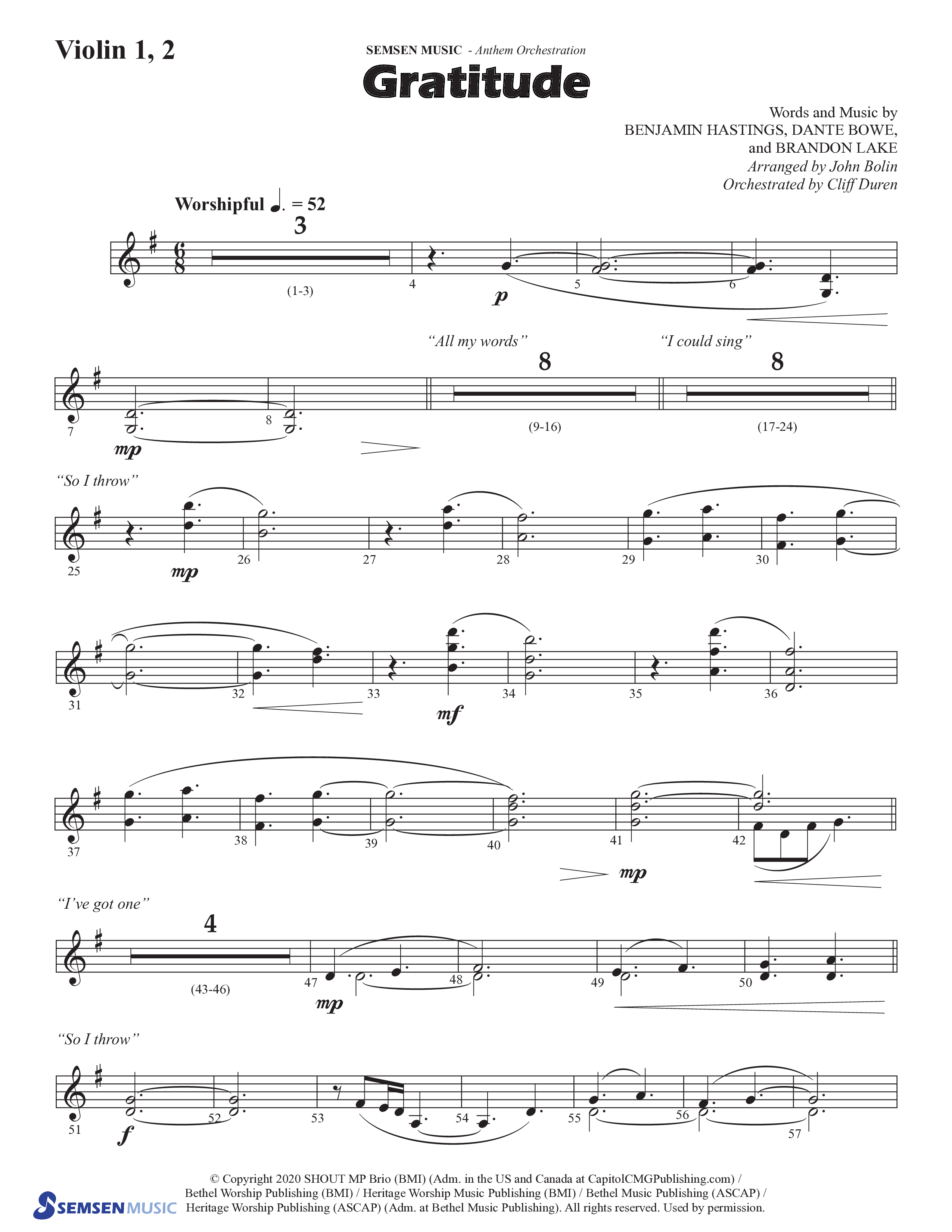 Gratitude (Choral Anthem SATB) Violin 1/2 (Semsen Music / Arr. John Bolin / Orch. Cliff Duren)