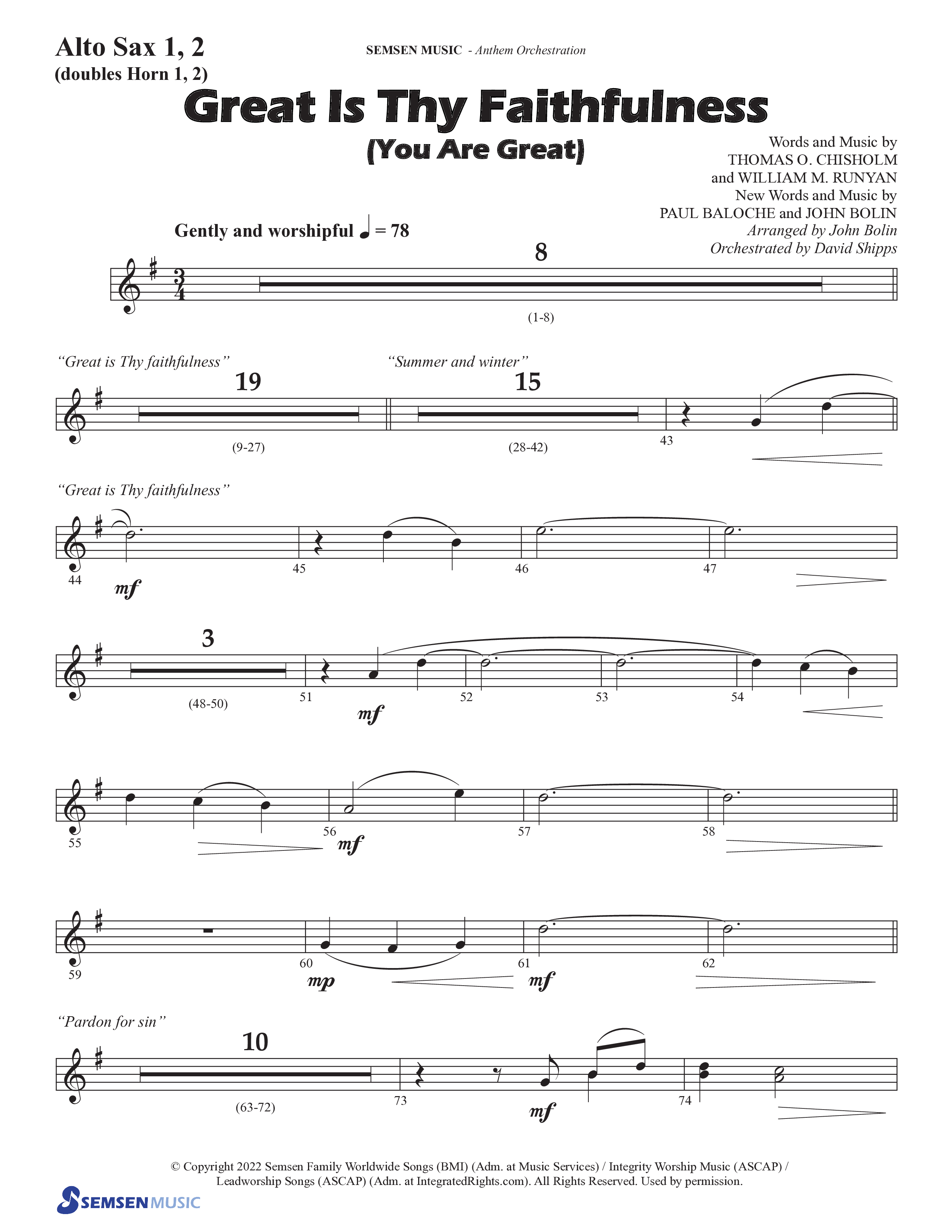 Great Is Thy Faithfulness (You Are Great) (Choral Anthem SATB) Alto Sax 1/2 (Semsen Music / Arr. John Bolin / Orch. David Shipps)
