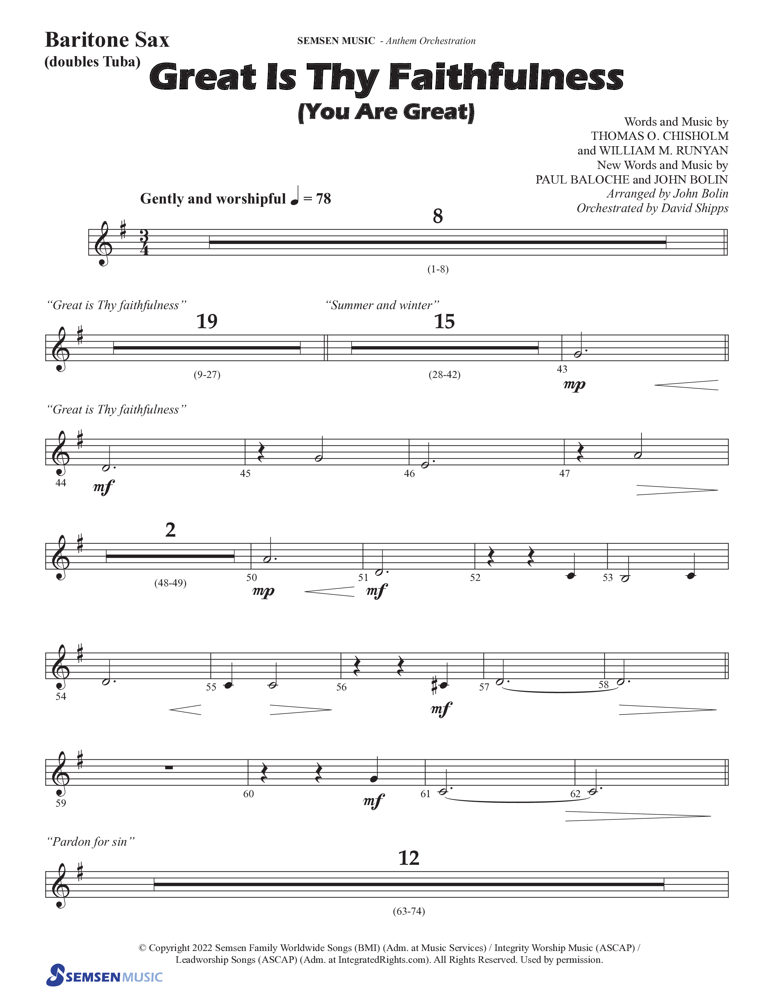 Great Is Thy Faithfulness (You Are Great) (Choral Anthem SATB) Bari Sax (Semsen Music / Arr. John Bolin / Orch. David Shipps)