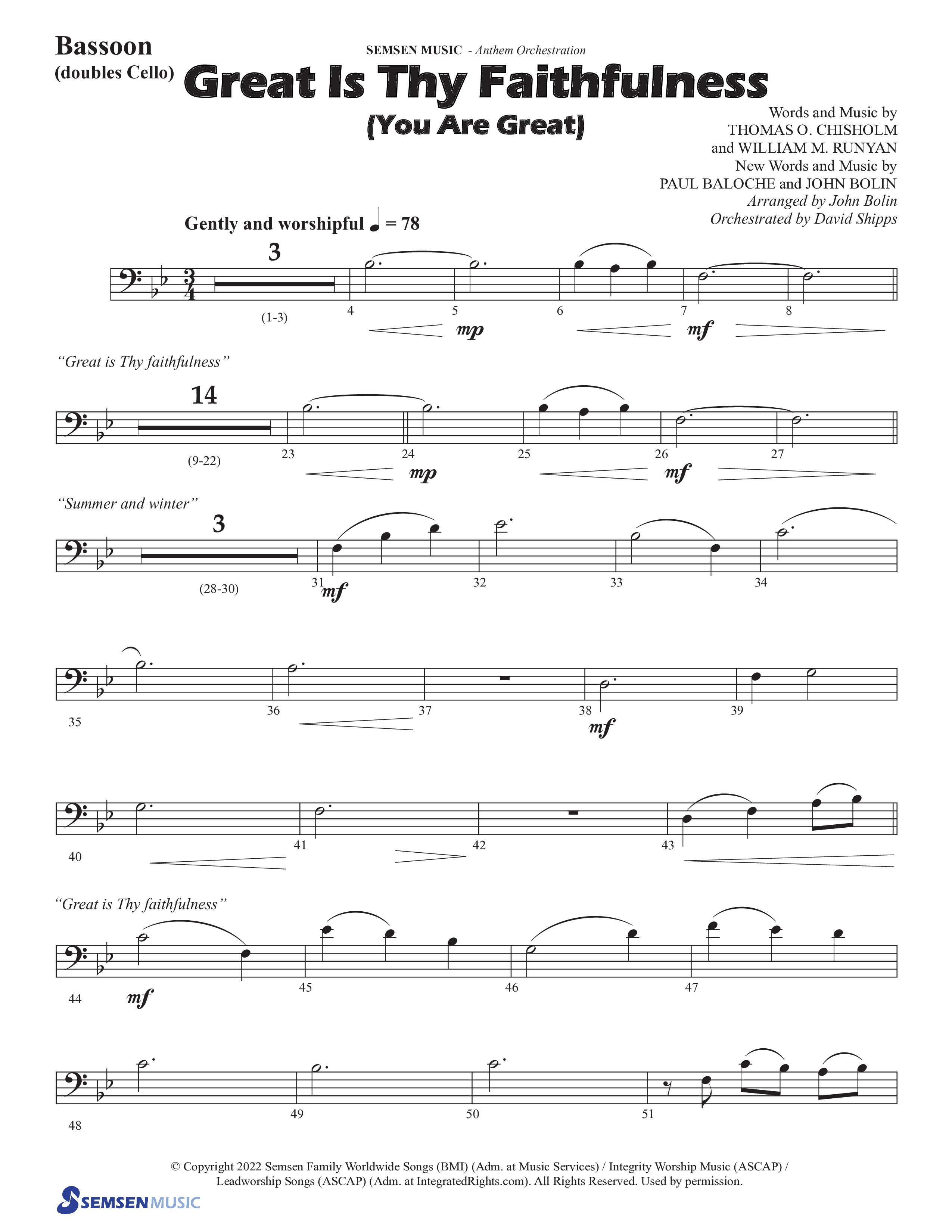 Great Is Thy Faithfulness (You Are Great) (Choral Anthem SATB) Bassoon (Semsen Music / Arr. John Bolin / Orch. David Shipps)