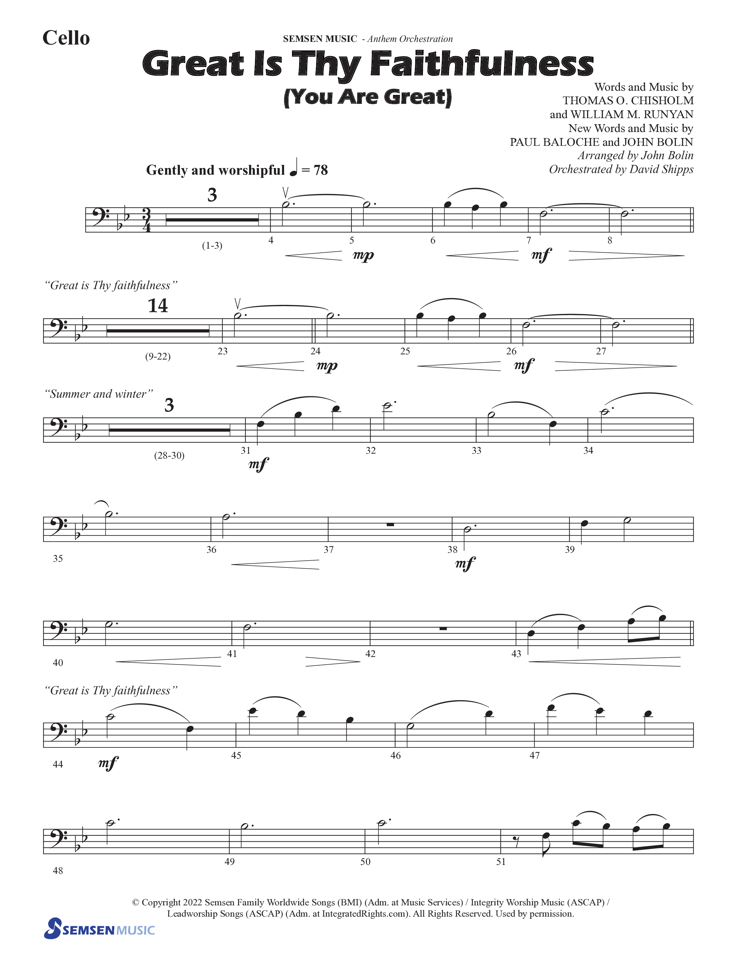 Great Is Thy Faithfulness (You Are Great) (Choral Anthem SATB) Cello (Semsen Music / Arr. John Bolin / Orch. David Shipps)