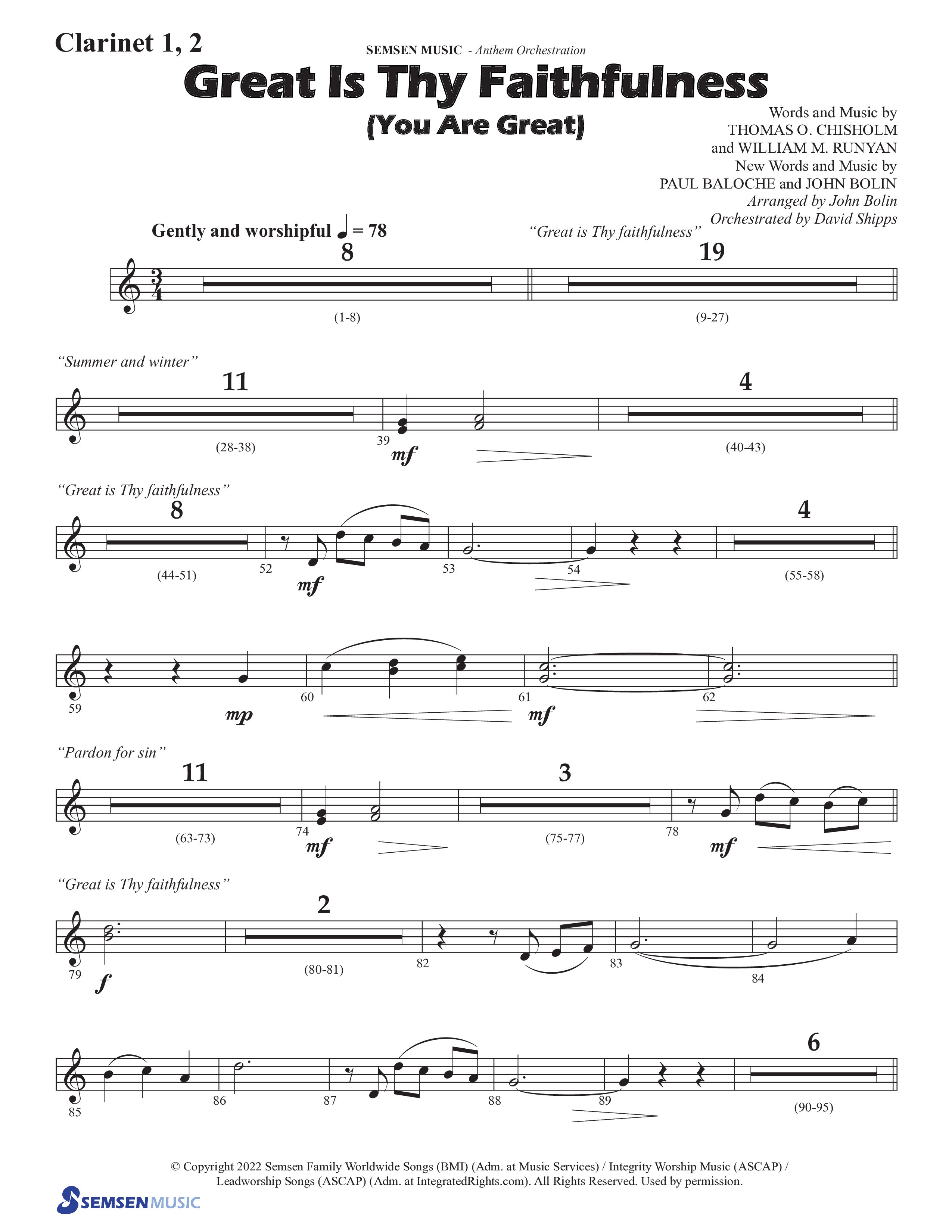Great Is Thy Faithfulness (You Are Great) (Choral Anthem SATB) Clarinet 1/2 (Semsen Music / Arr. John Bolin / Orch. David Shipps)