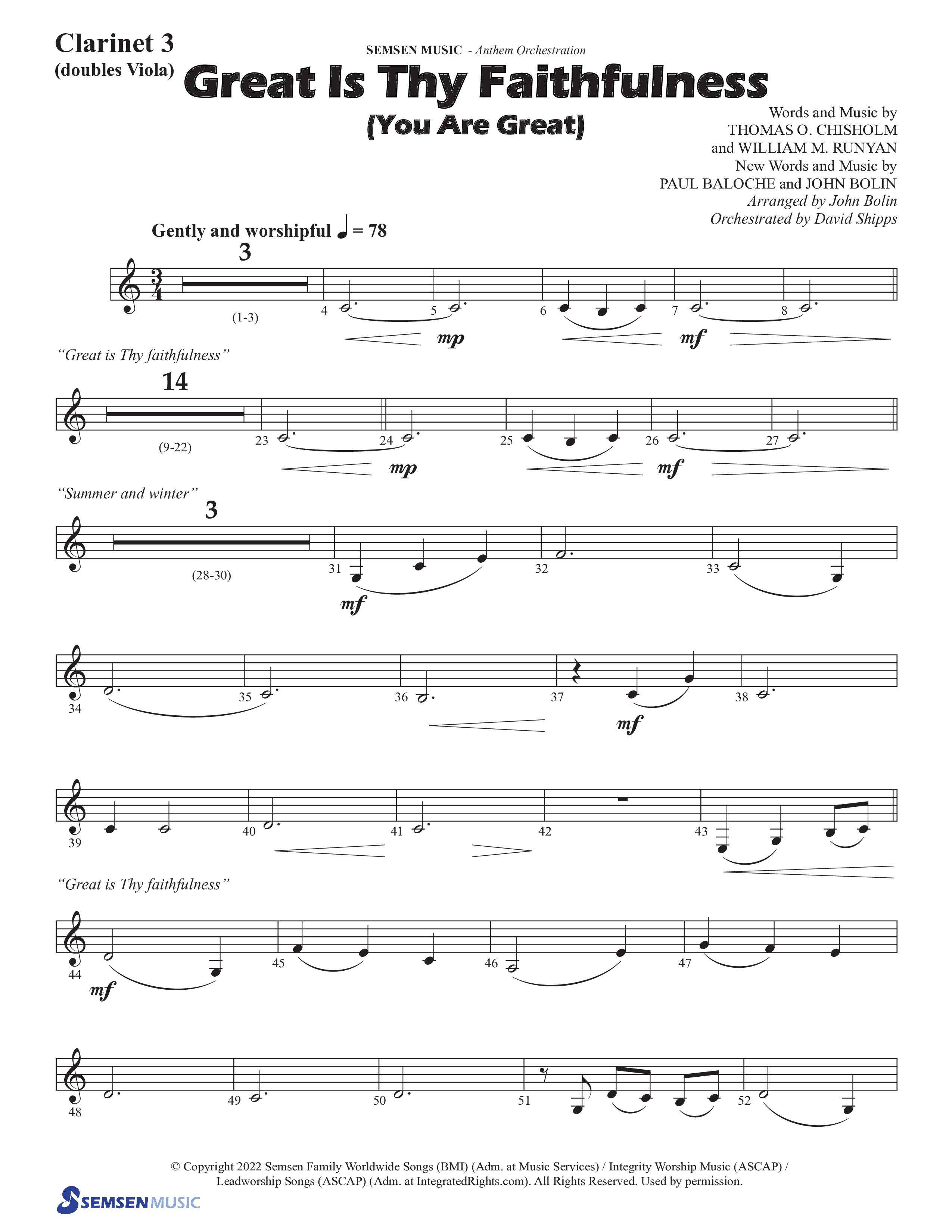 Great Is Thy Faithfulness (You Are Great) (Choral Anthem SATB) Clarinet 3 (Semsen Music / Arr. John Bolin / Orch. David Shipps)