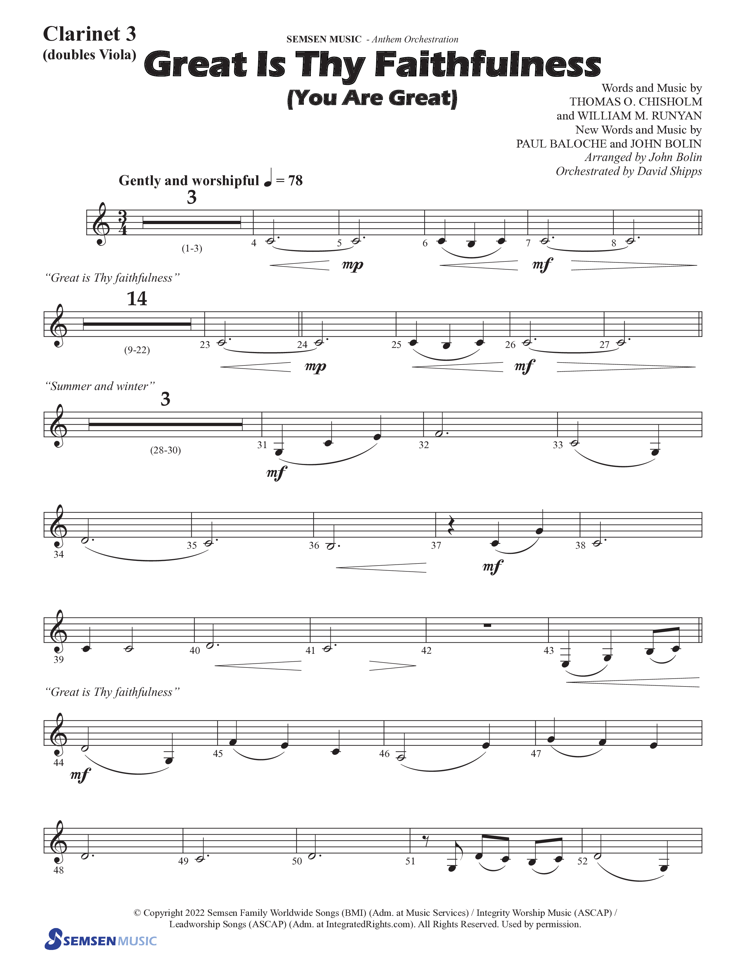 Great Is Thy Faithfulness (You Are Great) (Choral Anthem SATB) Clarinet 3 (Semsen Music / Arr. John Bolin / Orch. David Shipps)